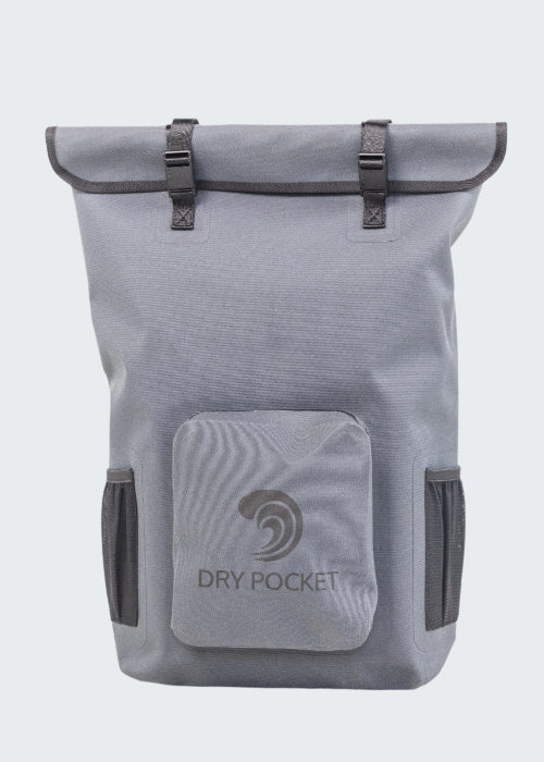 Gray roll-top backpack with 'Dry Pocket' branding on a white background