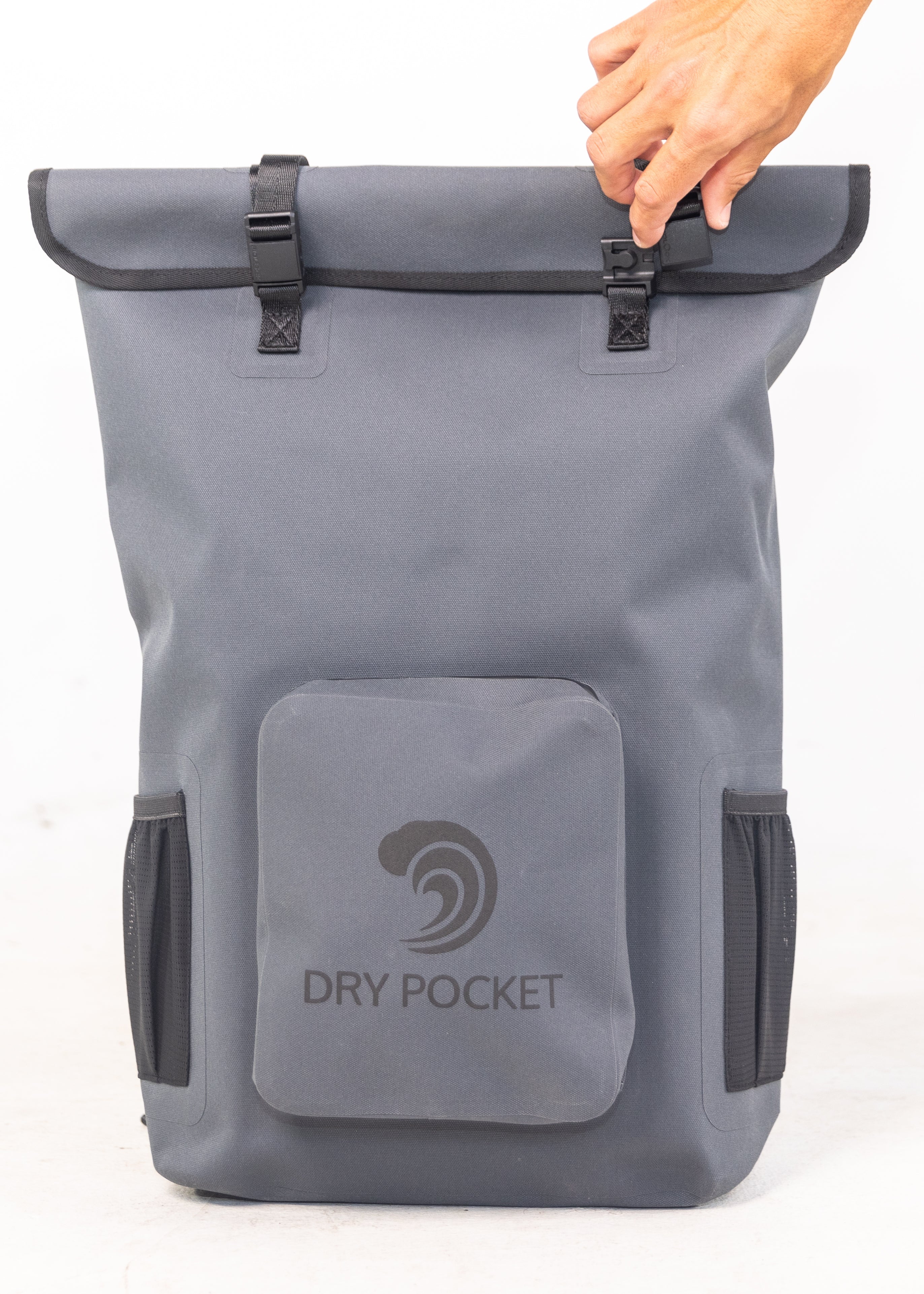 Gray roll-top backpack with 'Dry Pocket' logo on a white background
