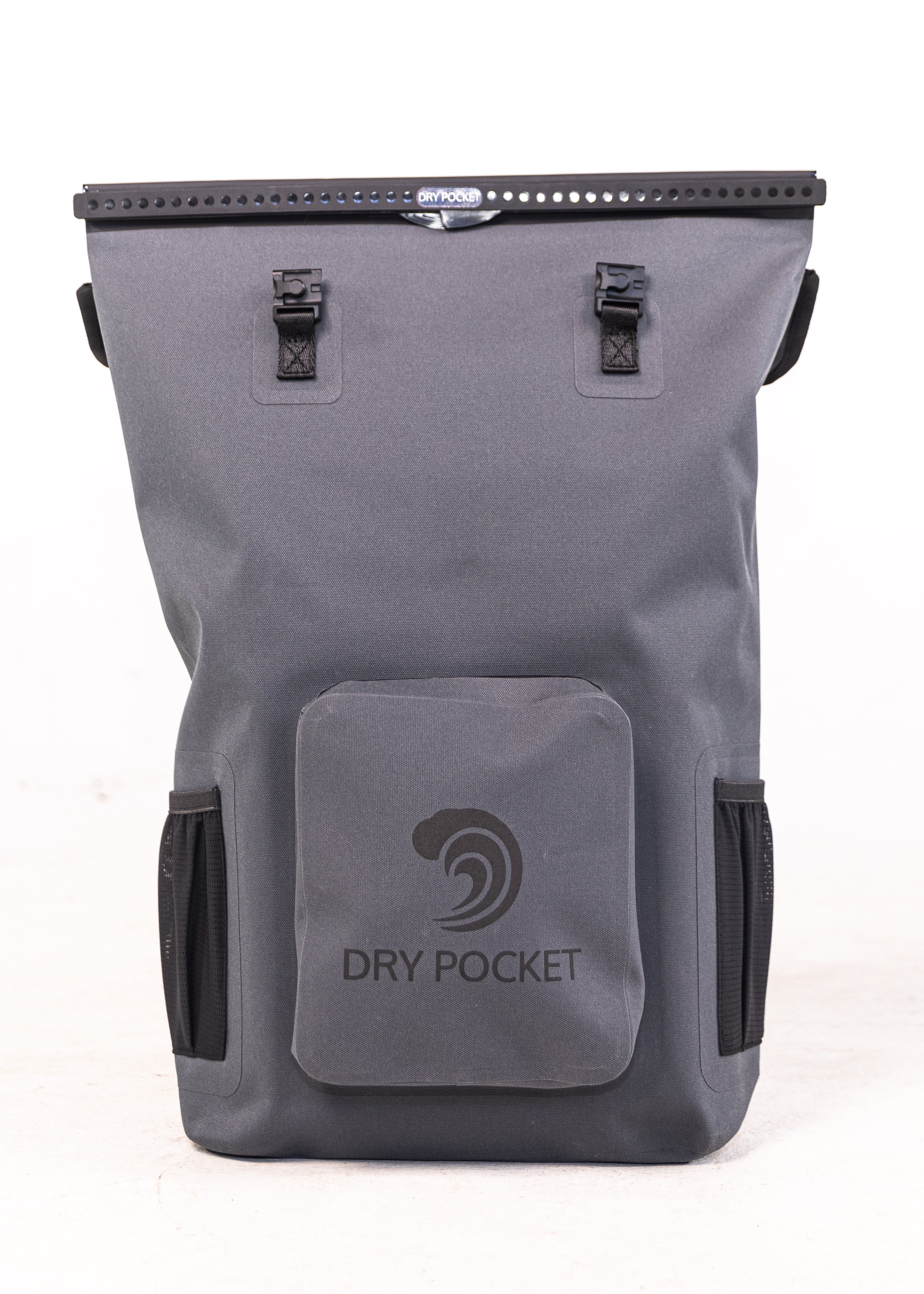 Gray backpack with a logo and 'Dry Pocket' text on a white background