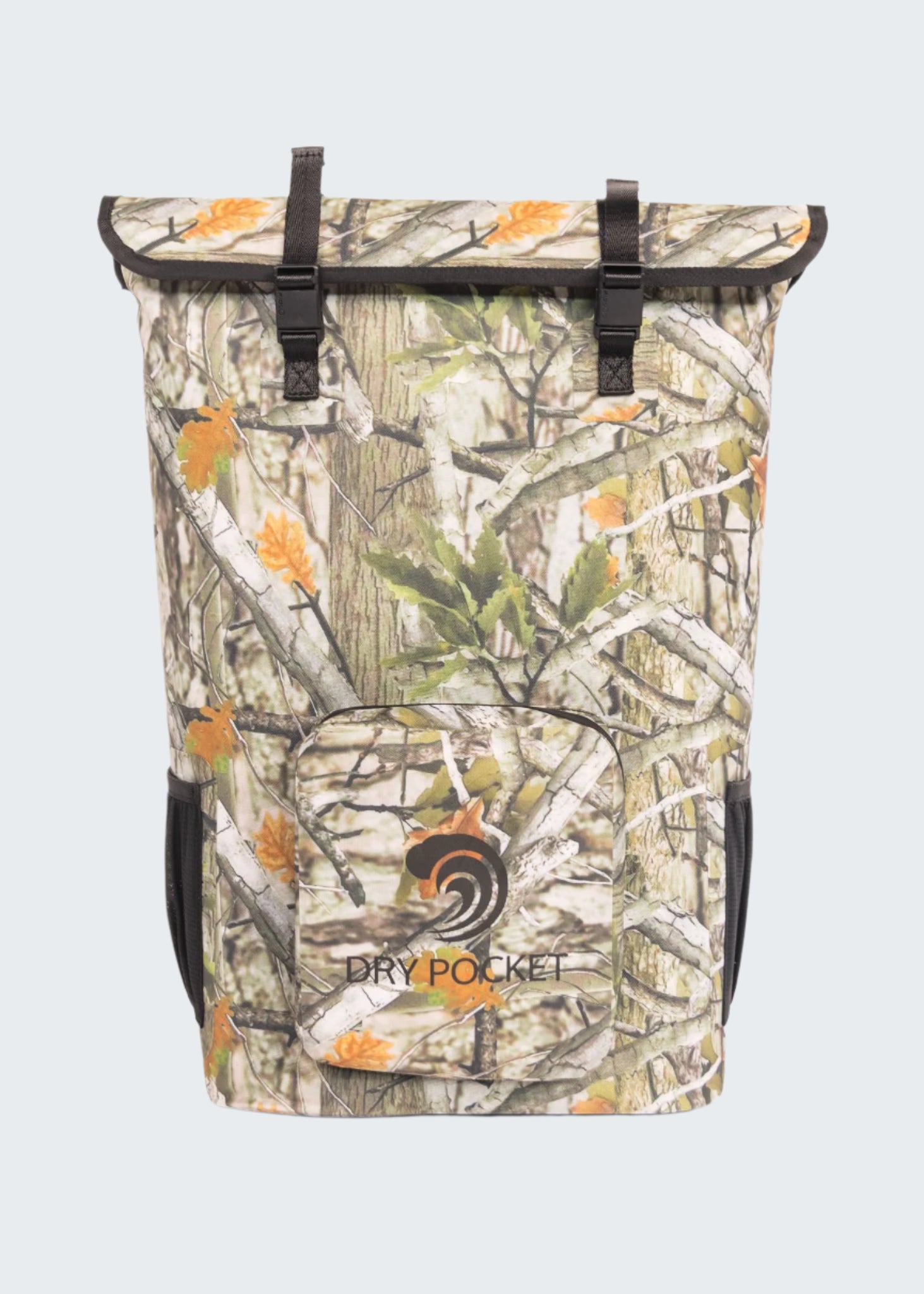 Camouflage backpack with 'Dry Pocket' branding on a white background