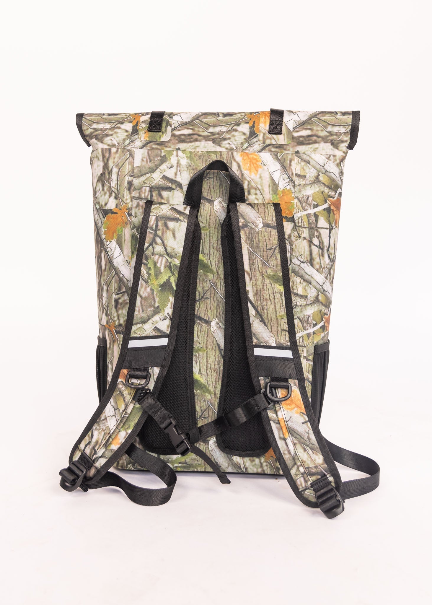 Camouflage-patterned backpack on a white background