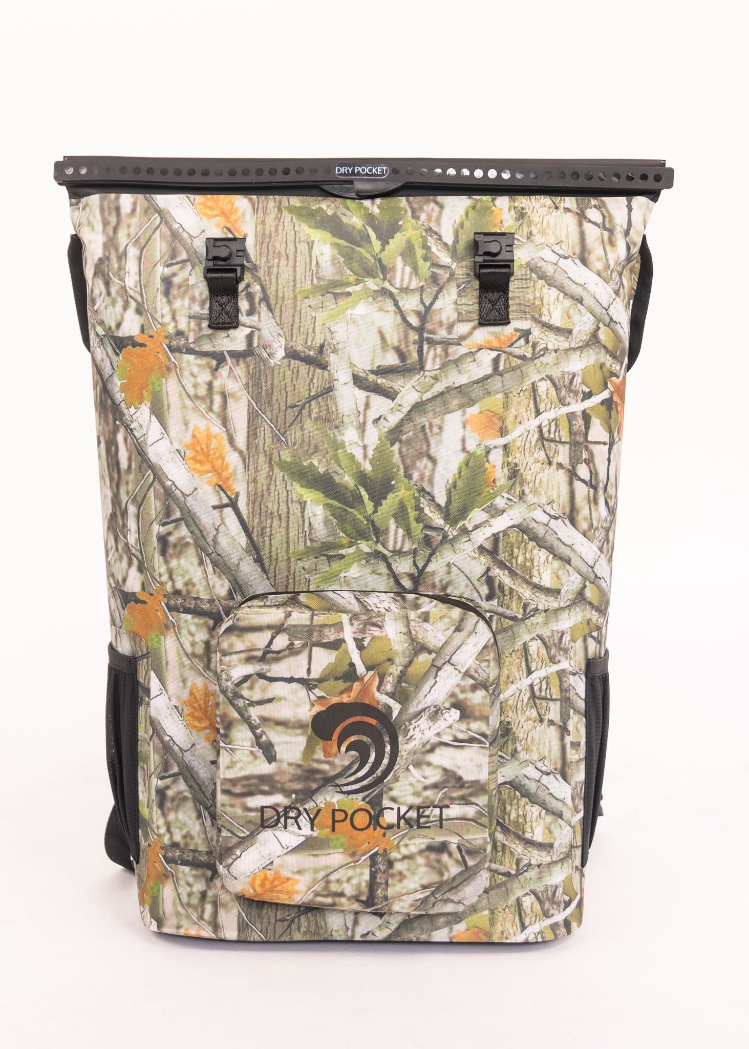 Camouflage-patterned bag with 'Dry Pocket' branding on a white background