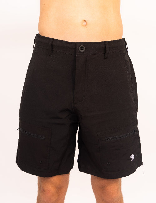 Black shorts worn by a person on a white background