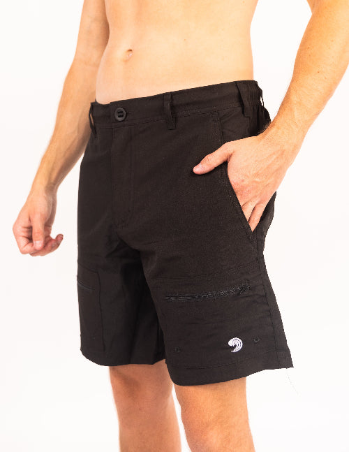 Black shorts with a logo on a white background