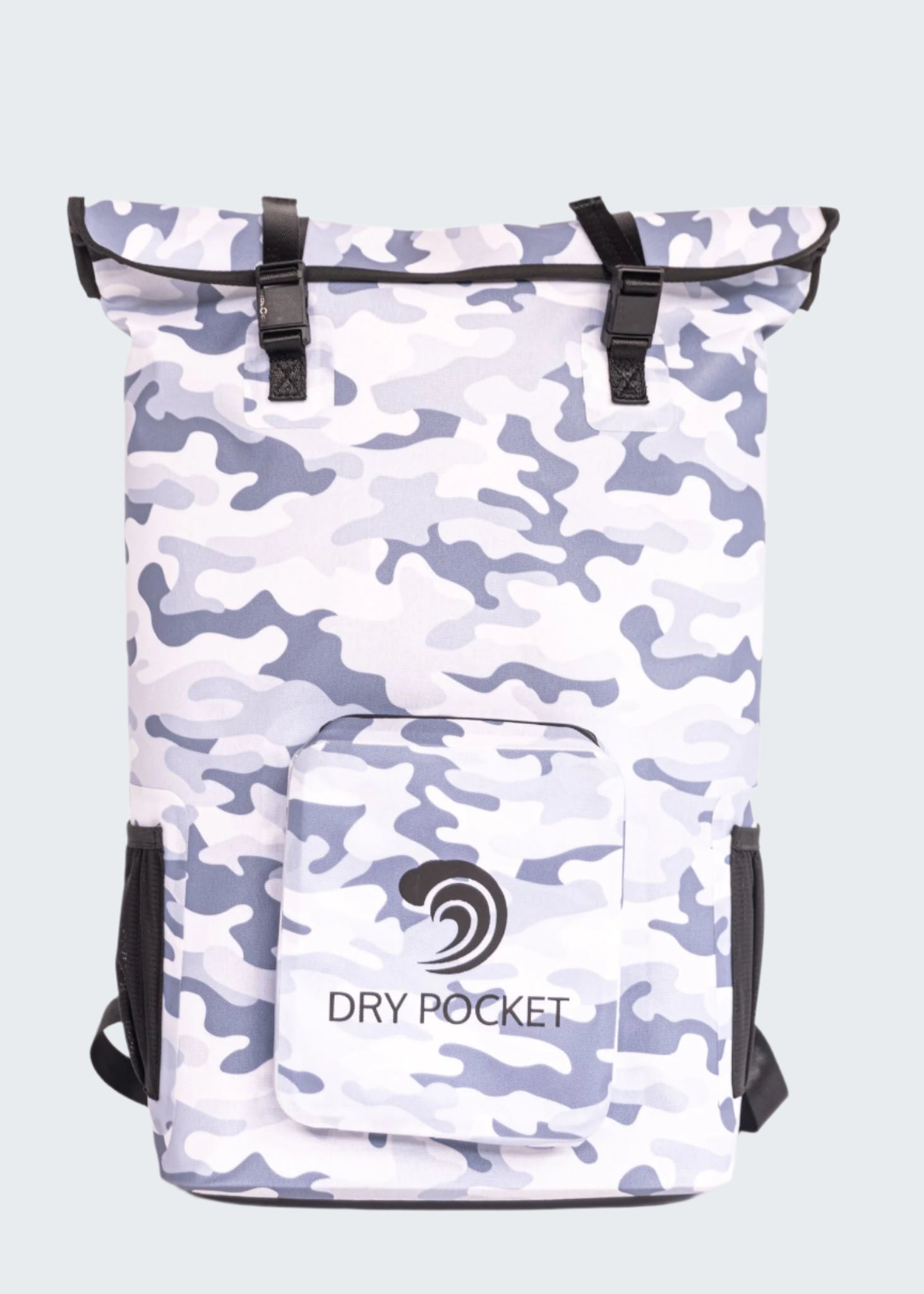 Backpack with camouflage pattern and 'Dry Pocket' branding on a white background