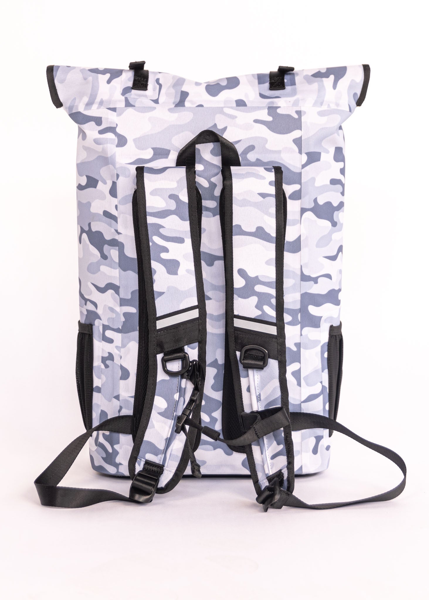 White drawstring bag with black straps and camouflage pattern on a white background