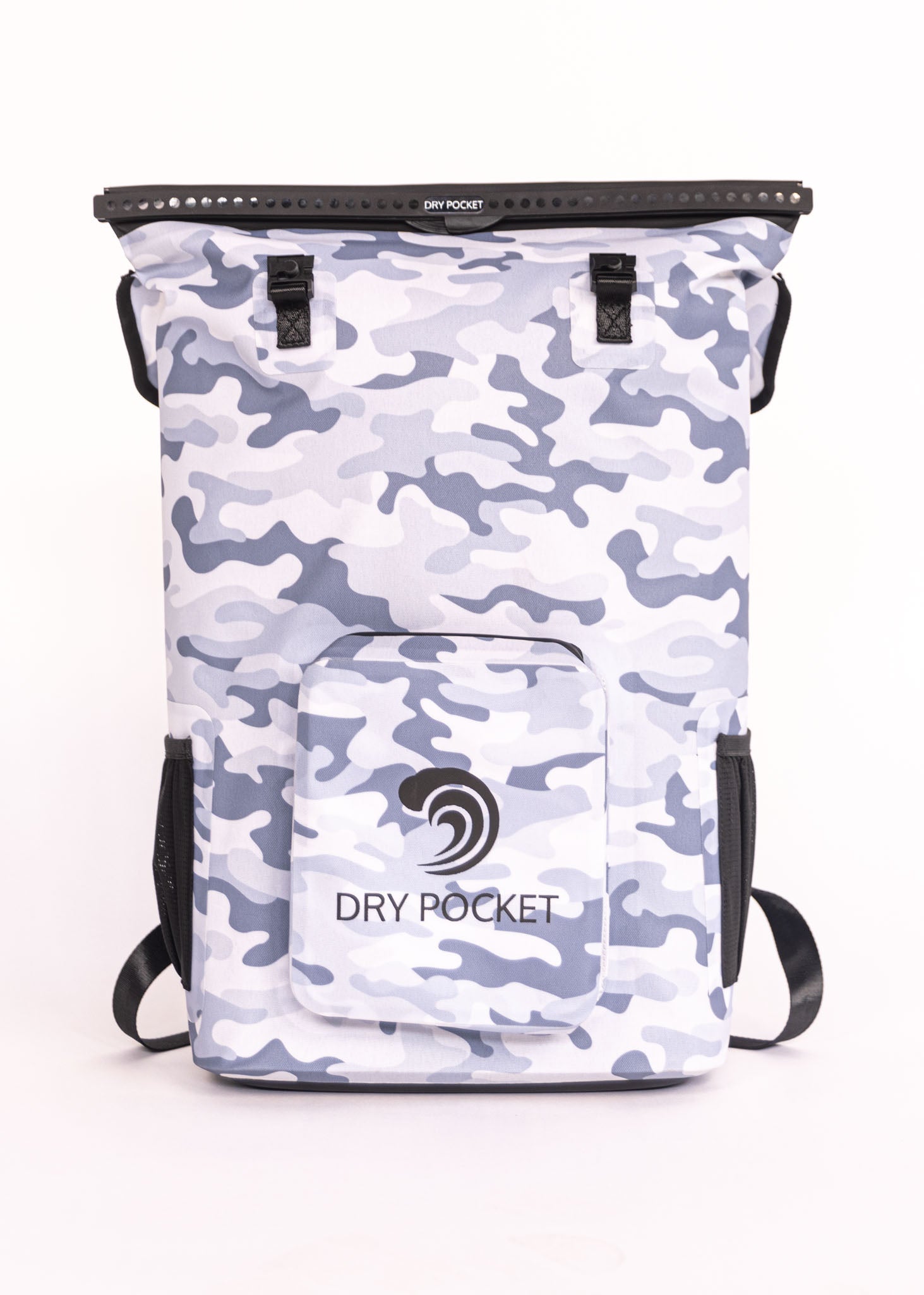 Camouflage-patterned backpack with 'Dry Pocket' branding on a white background