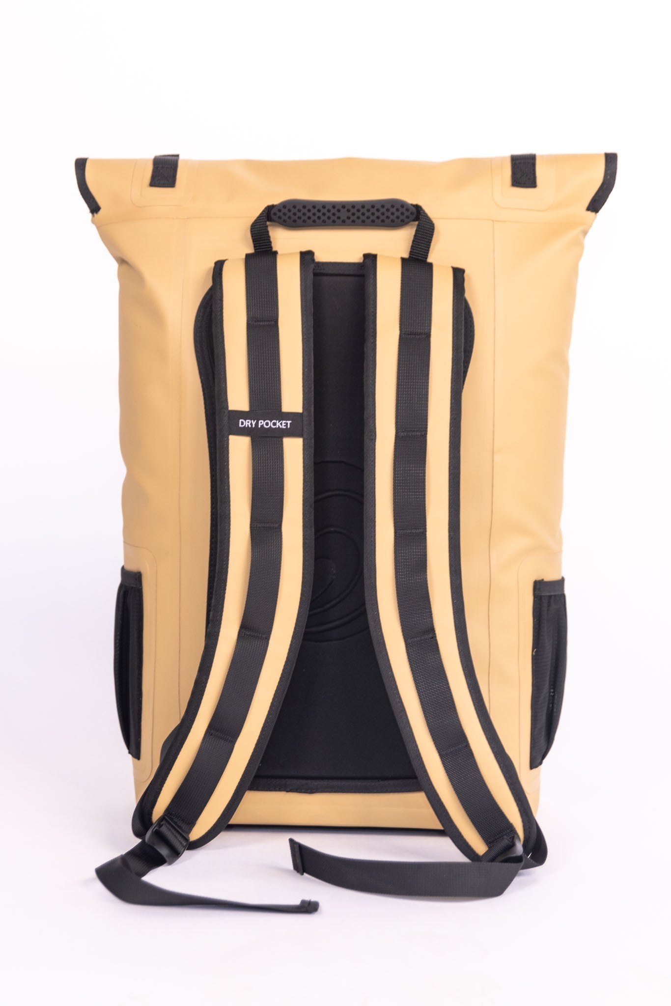 Beige backpack with black accents on a white background