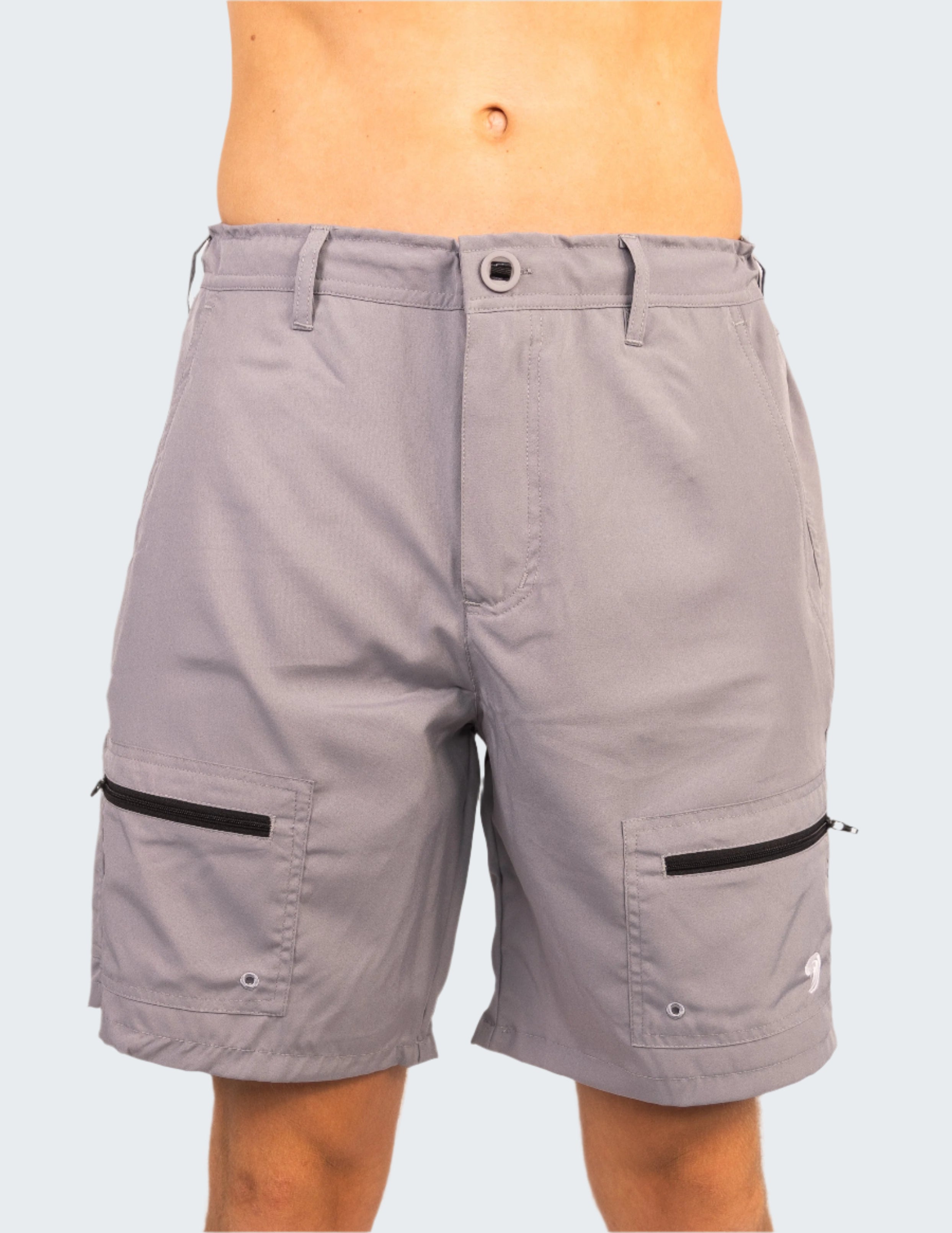 Gray shorts with black zippers on a white background
