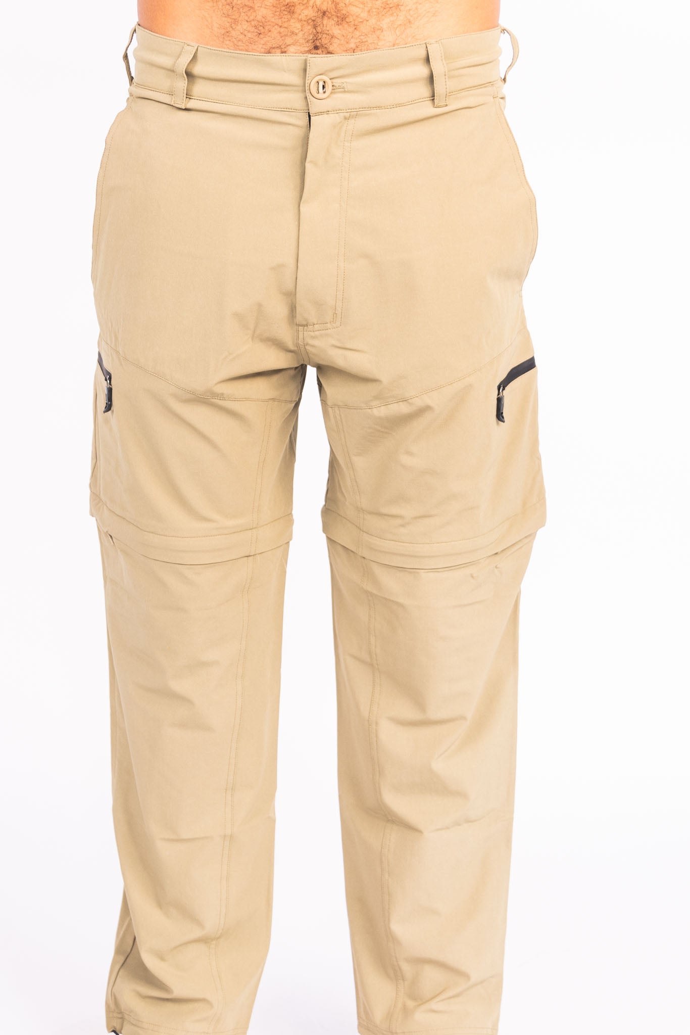 Beige pants with zippers on a white background