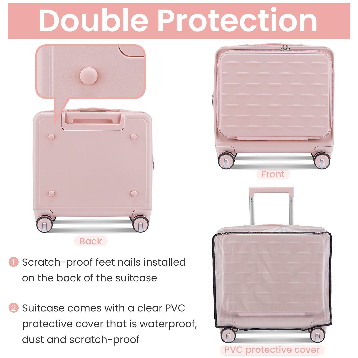 Pink Carry On Luggage with Front Open Door and Laptop Interlayer
