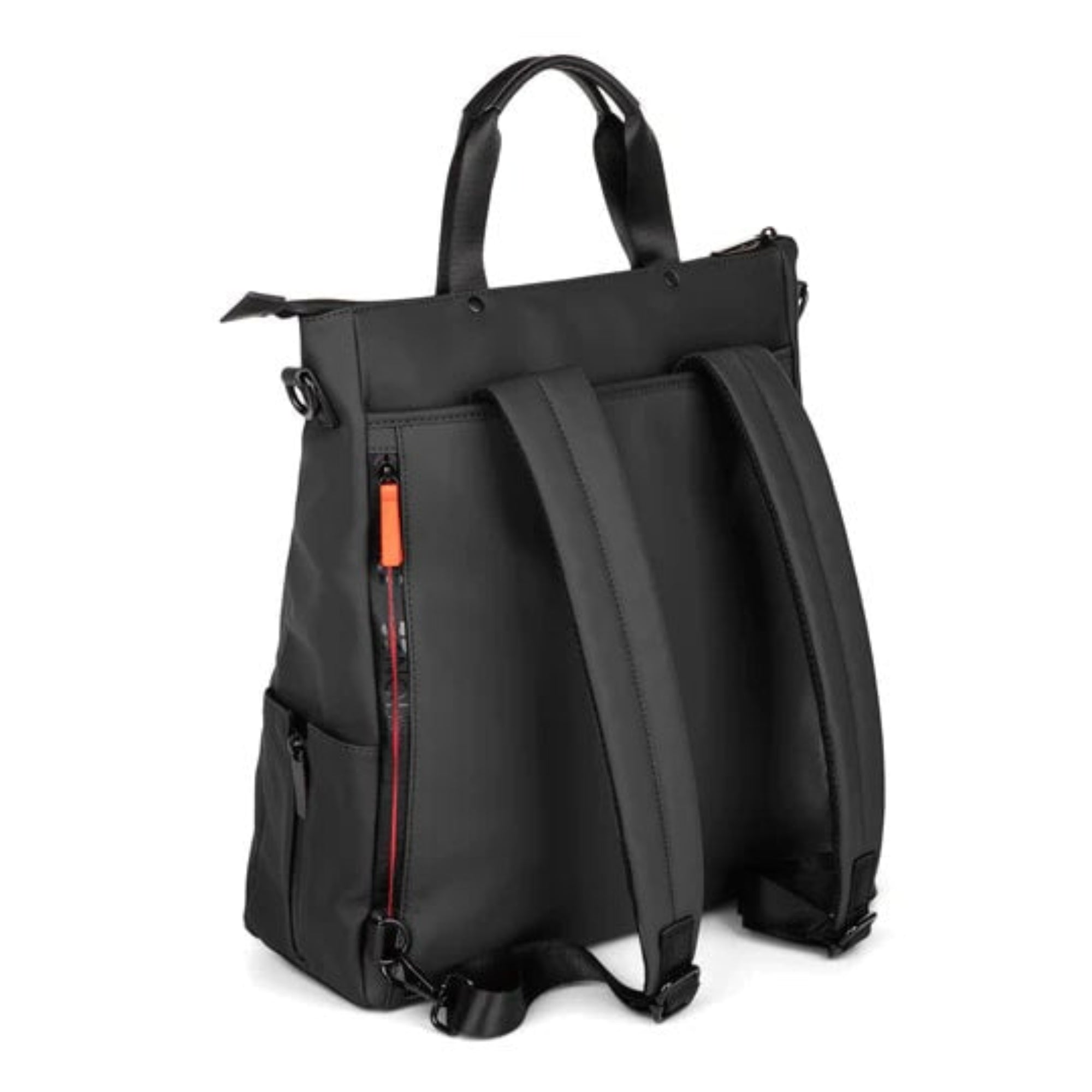 Black backpack with orange zipper on a white background