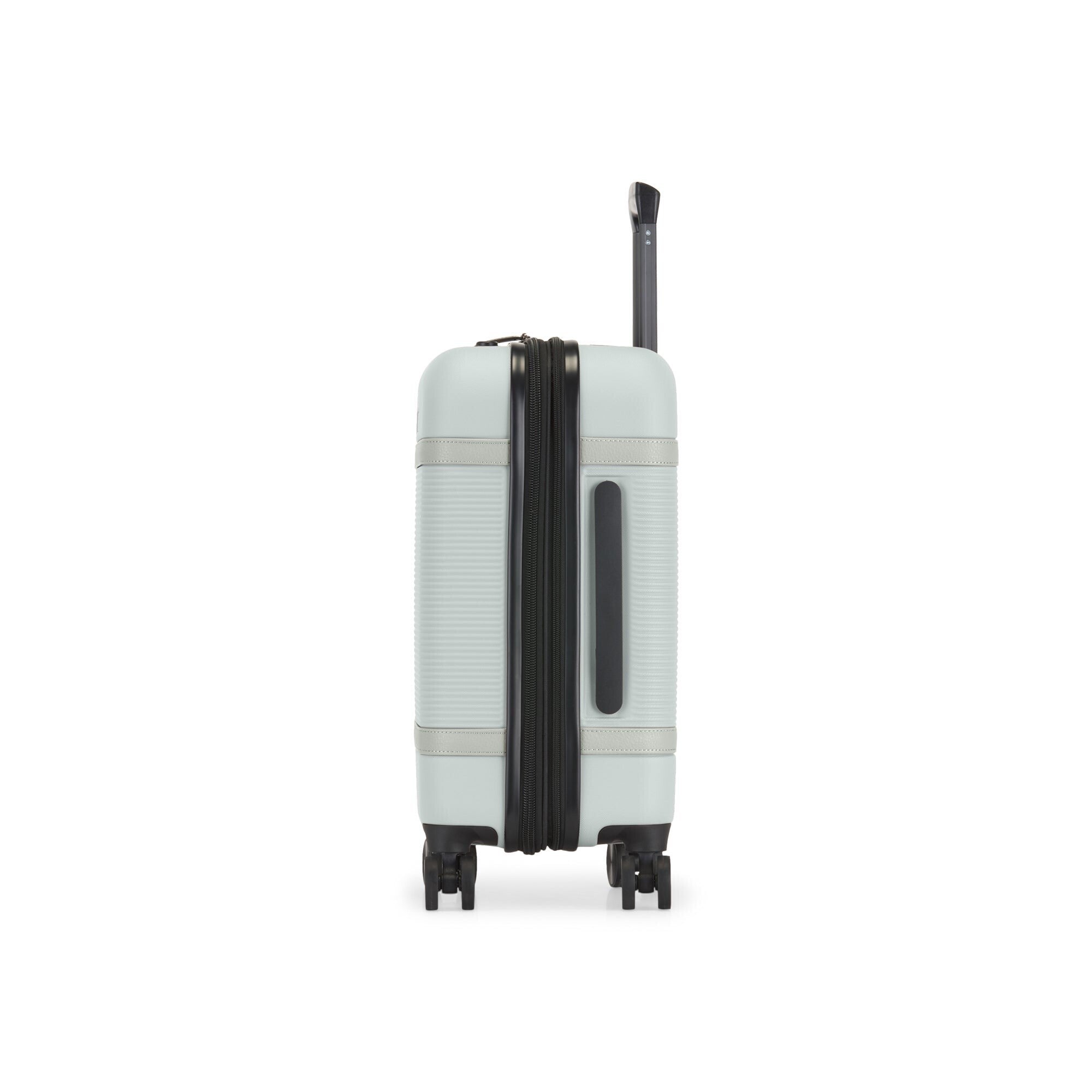 Light gray suitcase with black handle and wheels on a white background