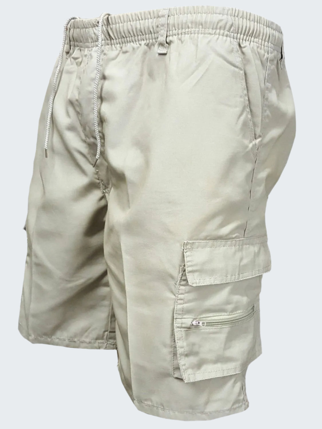 A pair of beige men's plus-size drawstring shorts with cargo pockets.