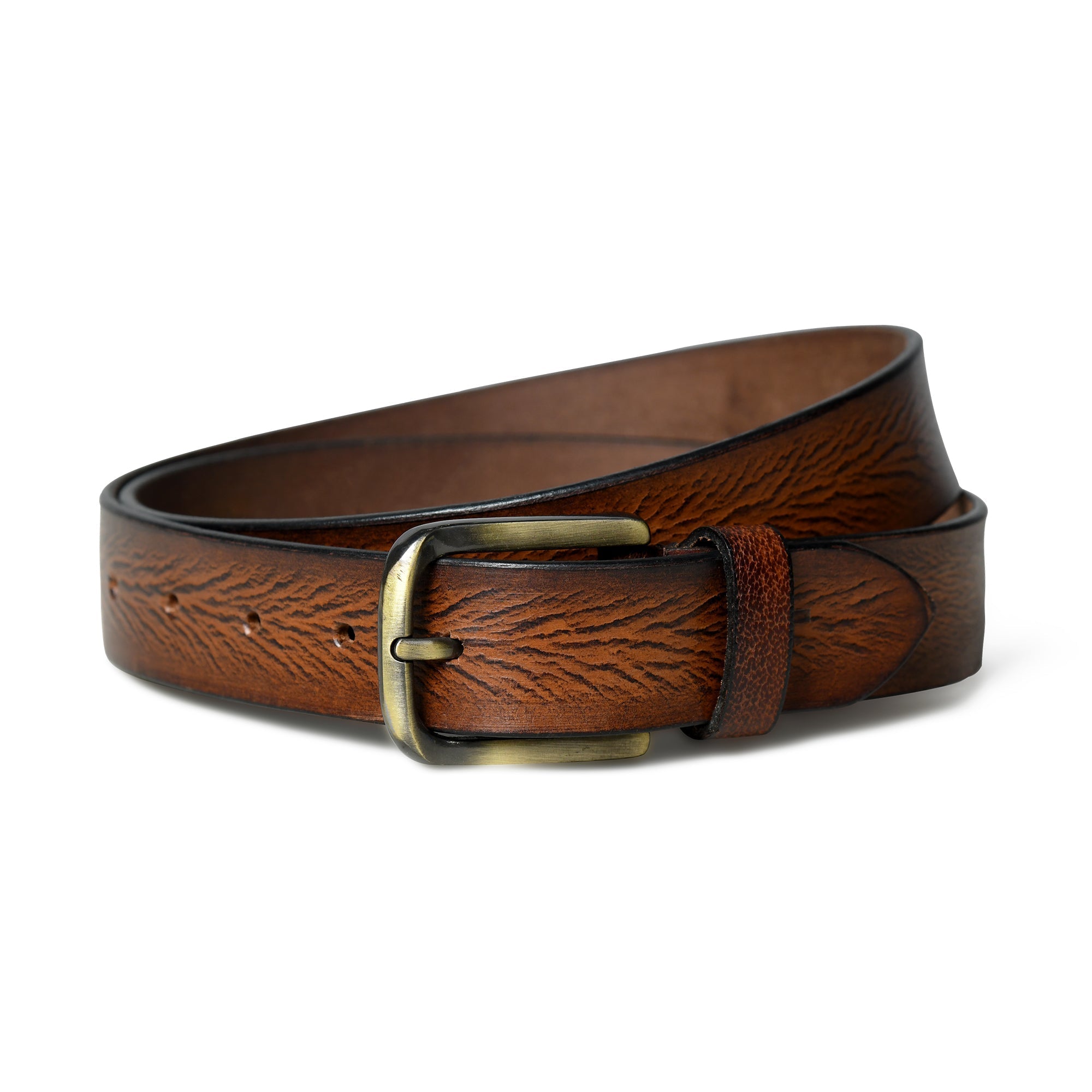 Brown leather belt with brass buckle on a white background