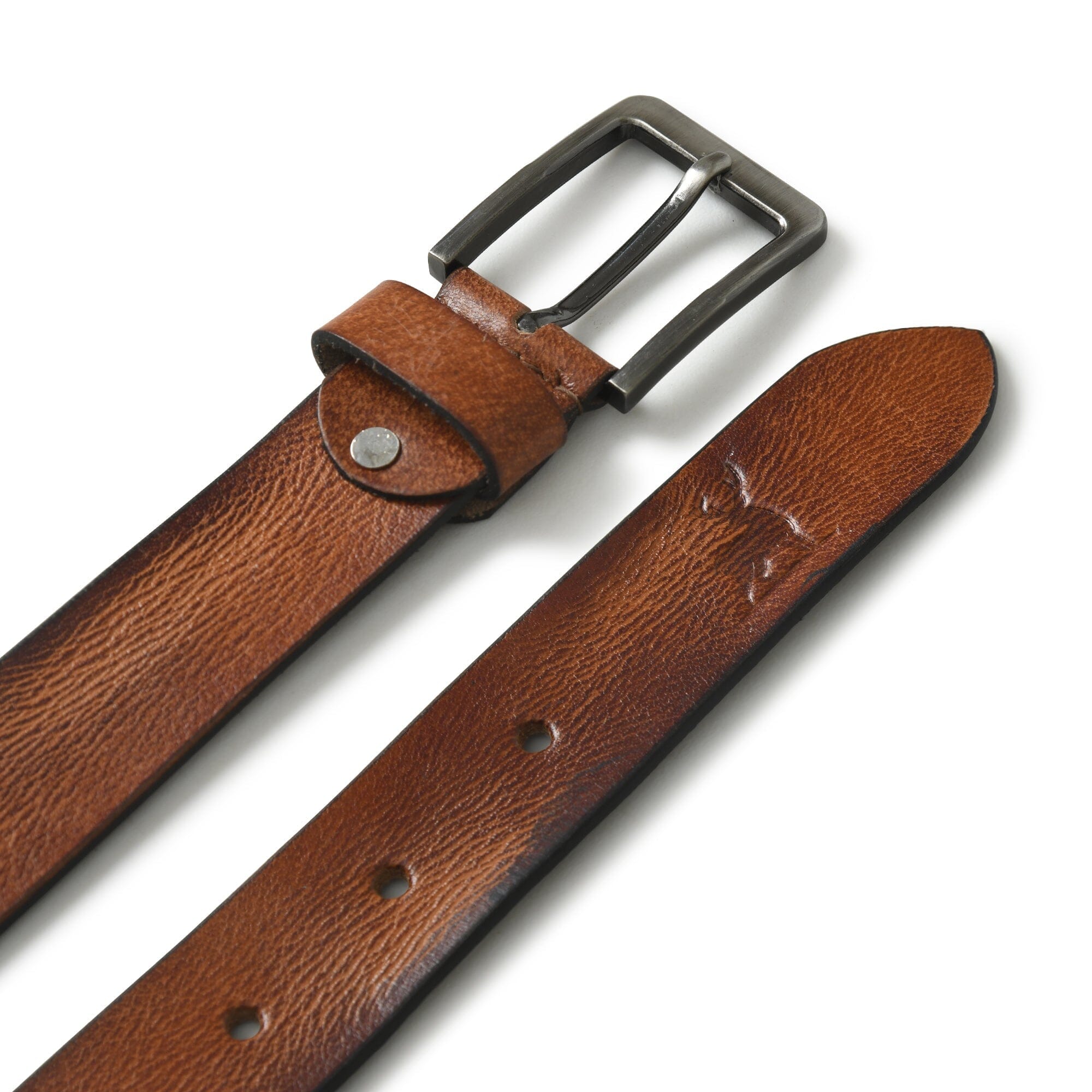 Brown leather belt with a silver buckle on a white background