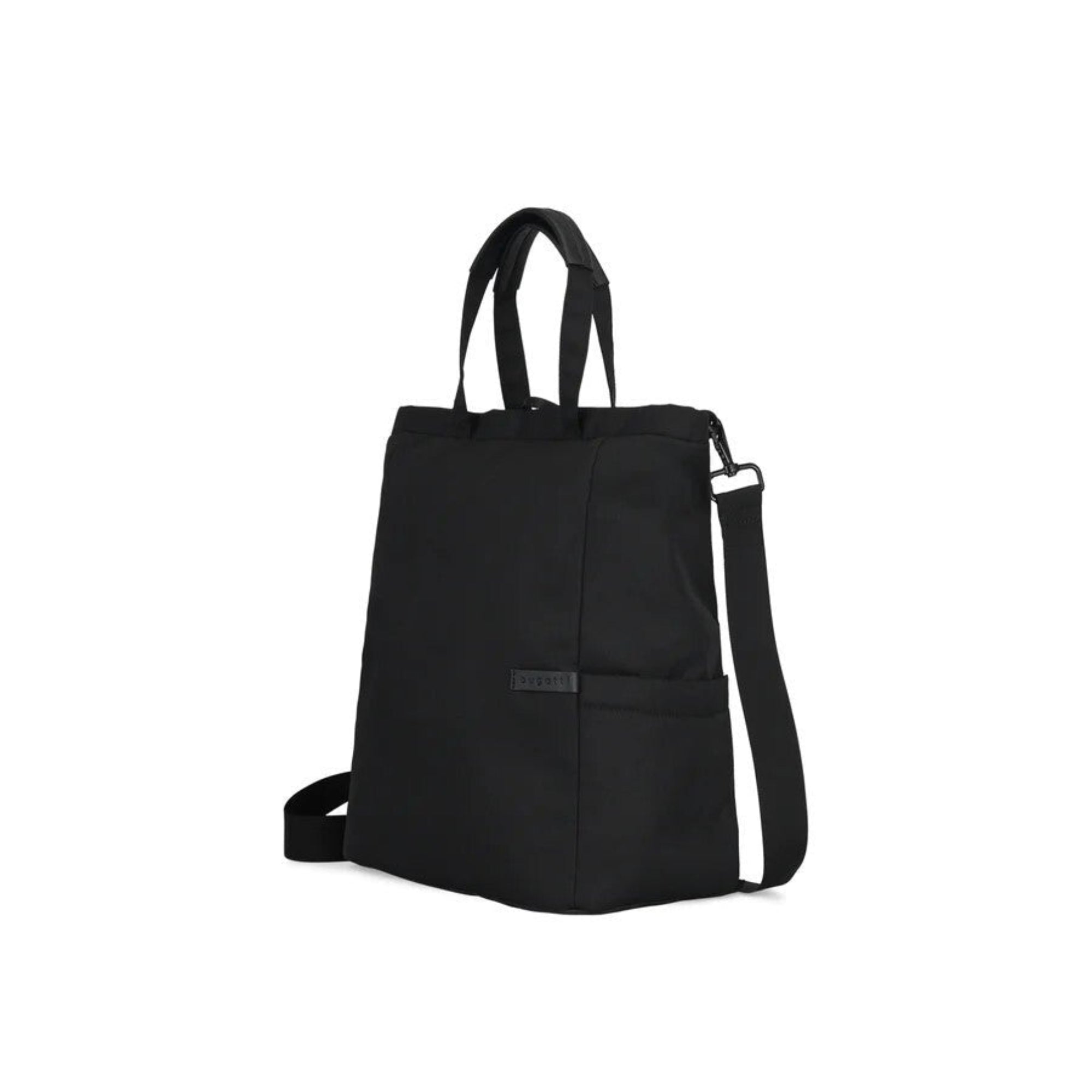 Black backpack with a shoulder strap on a white background
