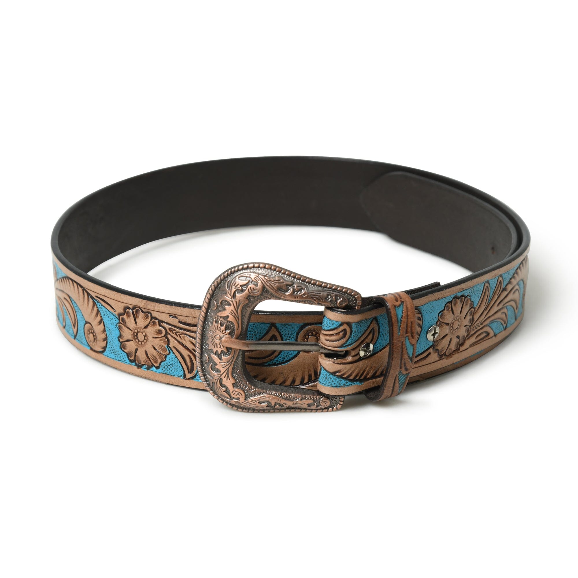 Decorative belt with intricate design and large buckle on a white background