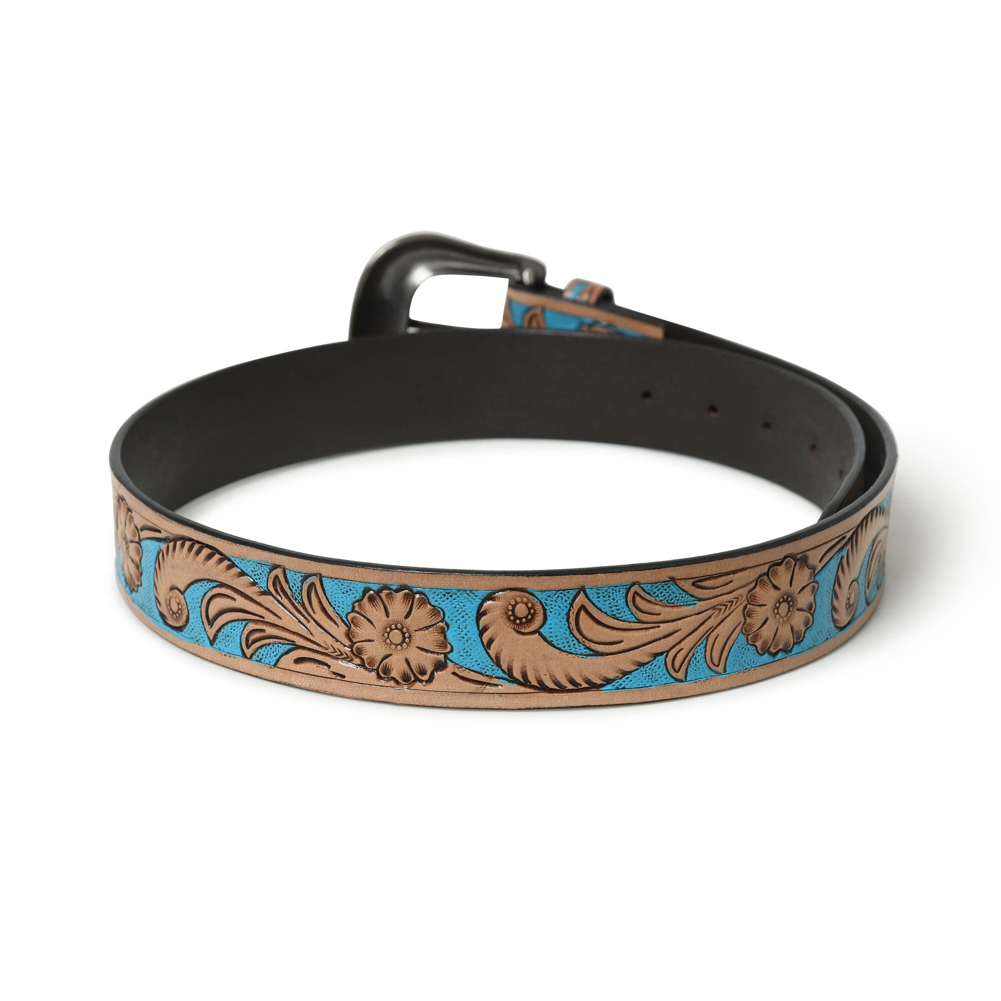 Leather belt with decorative blue and brown pattern on a white background