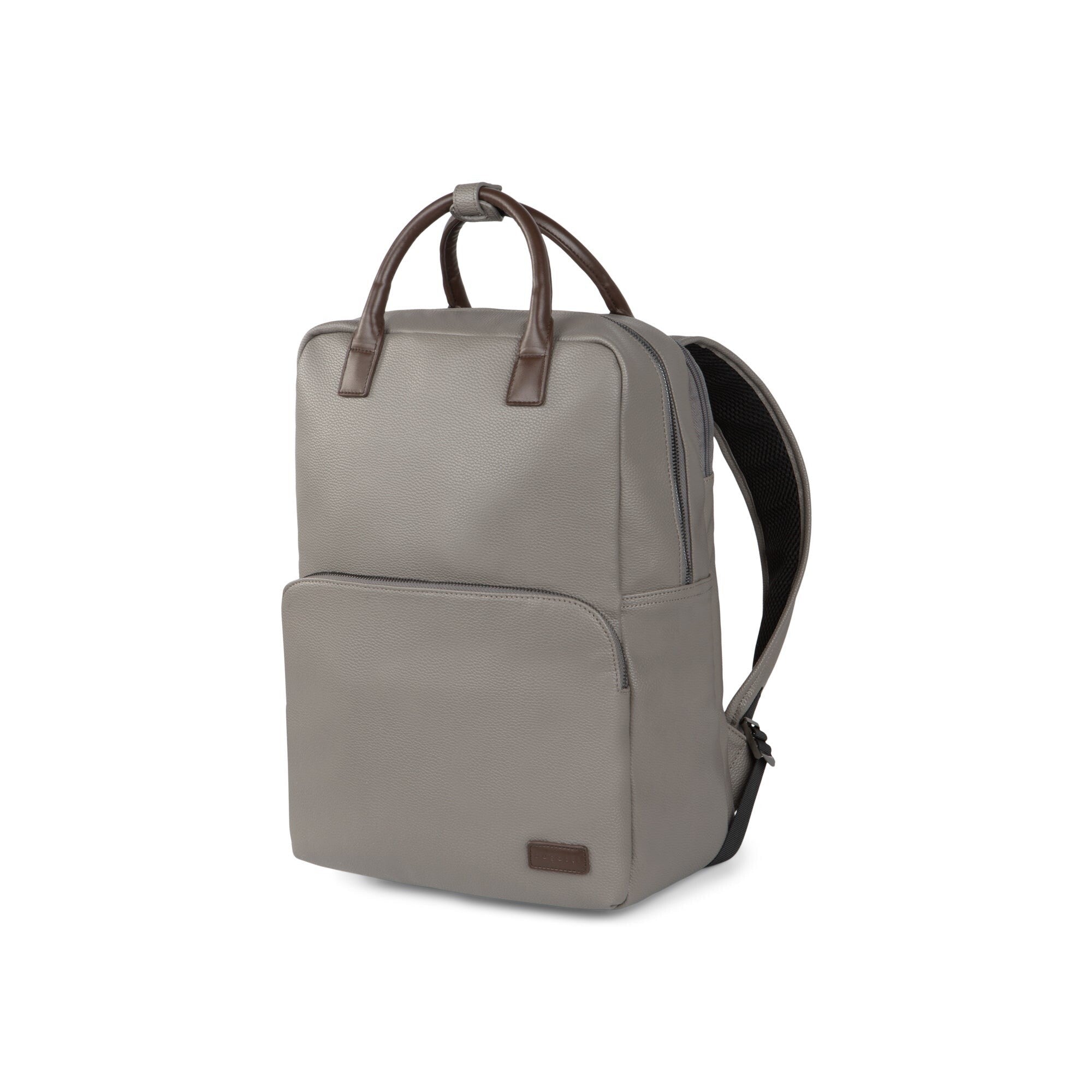Gray backpack with brown leather straps on a white background