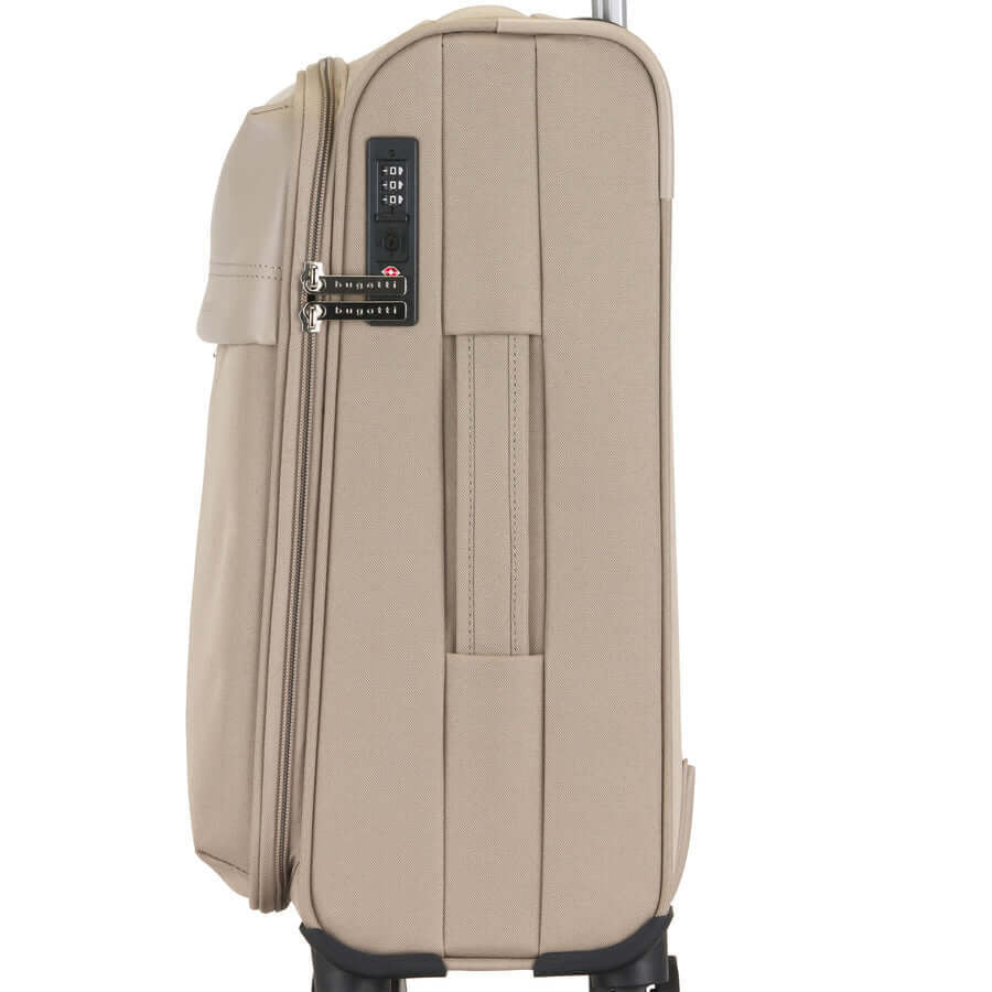Beige suitcase with a visible brand logo on a white background