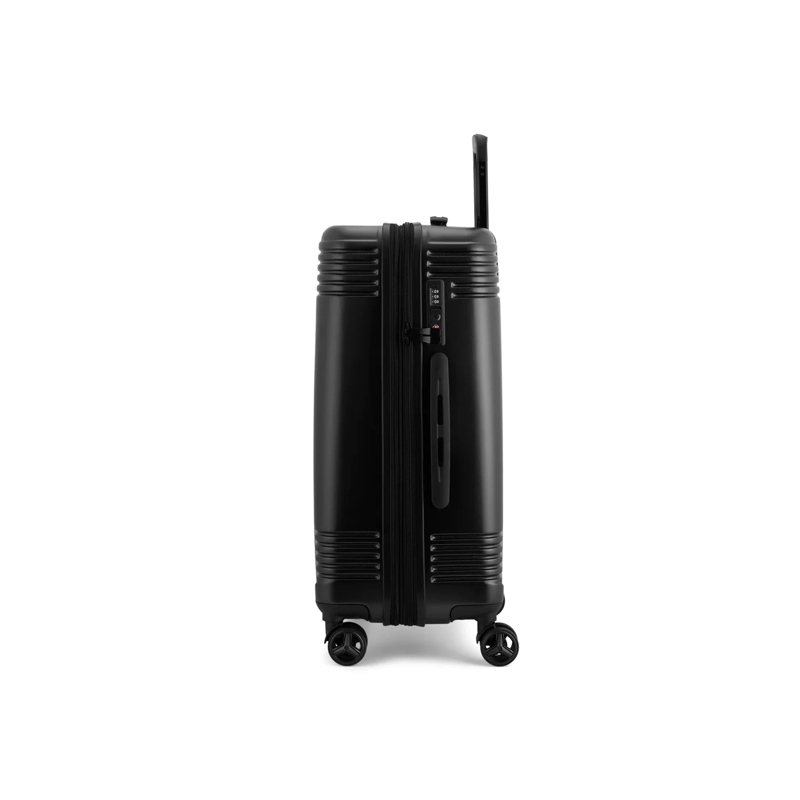 Black suitcase with wheels on a white background