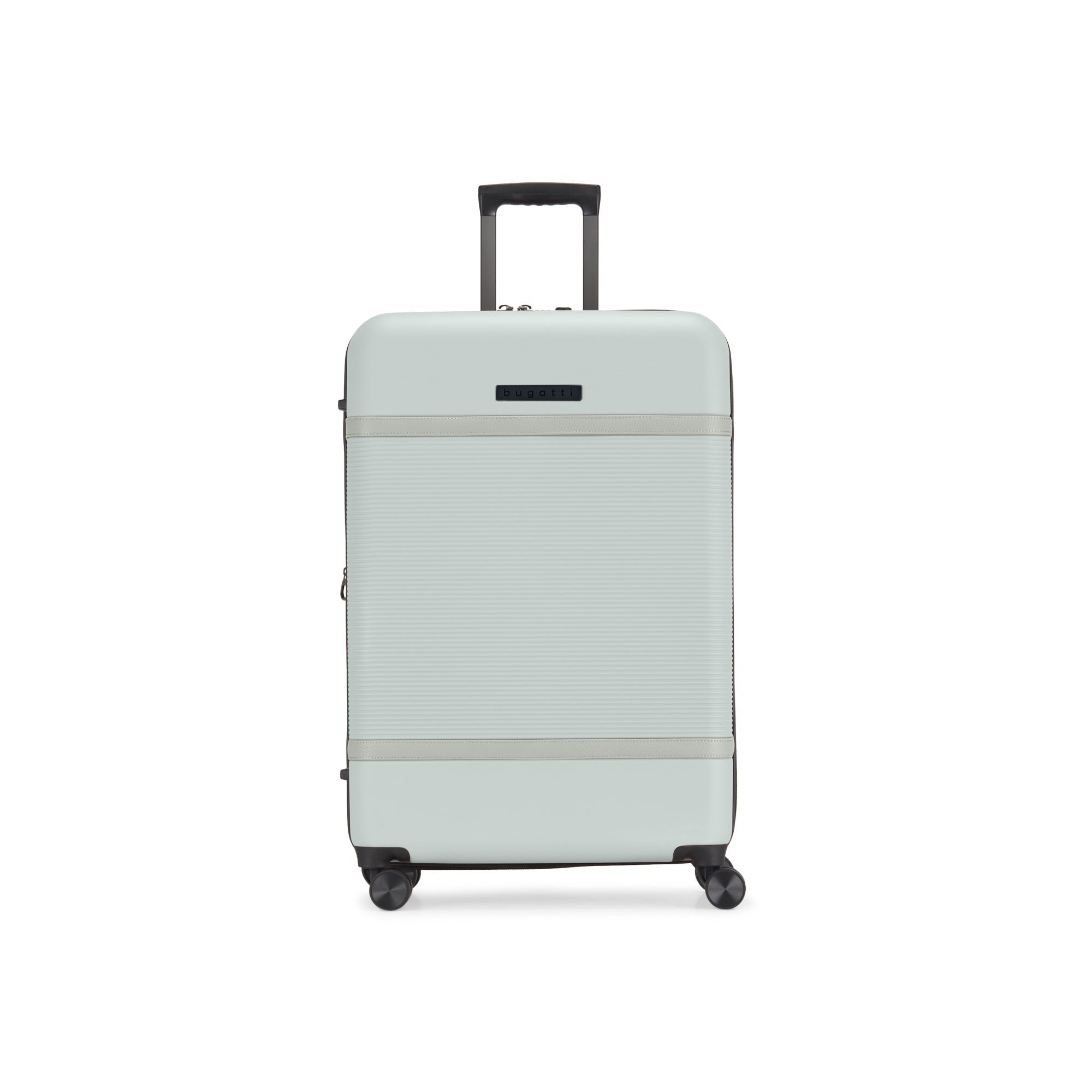 Light gray suitcase with a black handle on a white background