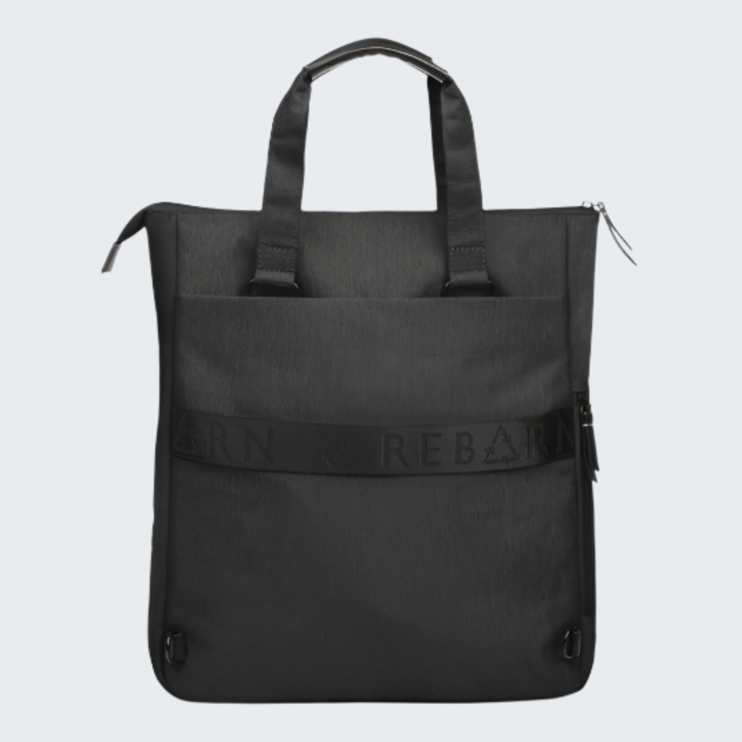 Black tote bag with a visible brand logo on a white background