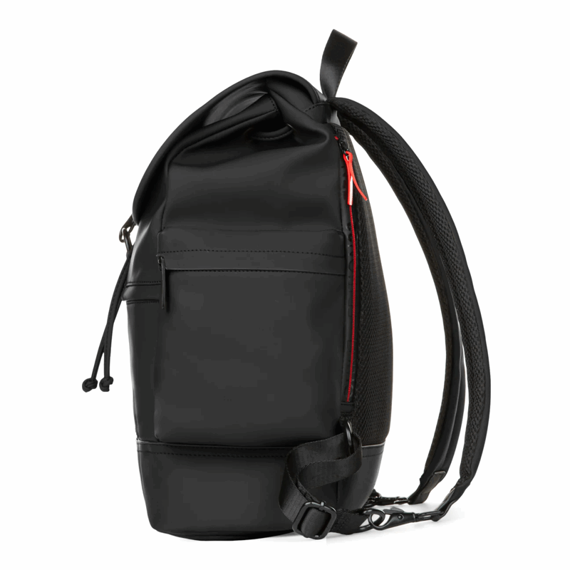 Black backpack with a red zipper on a white background