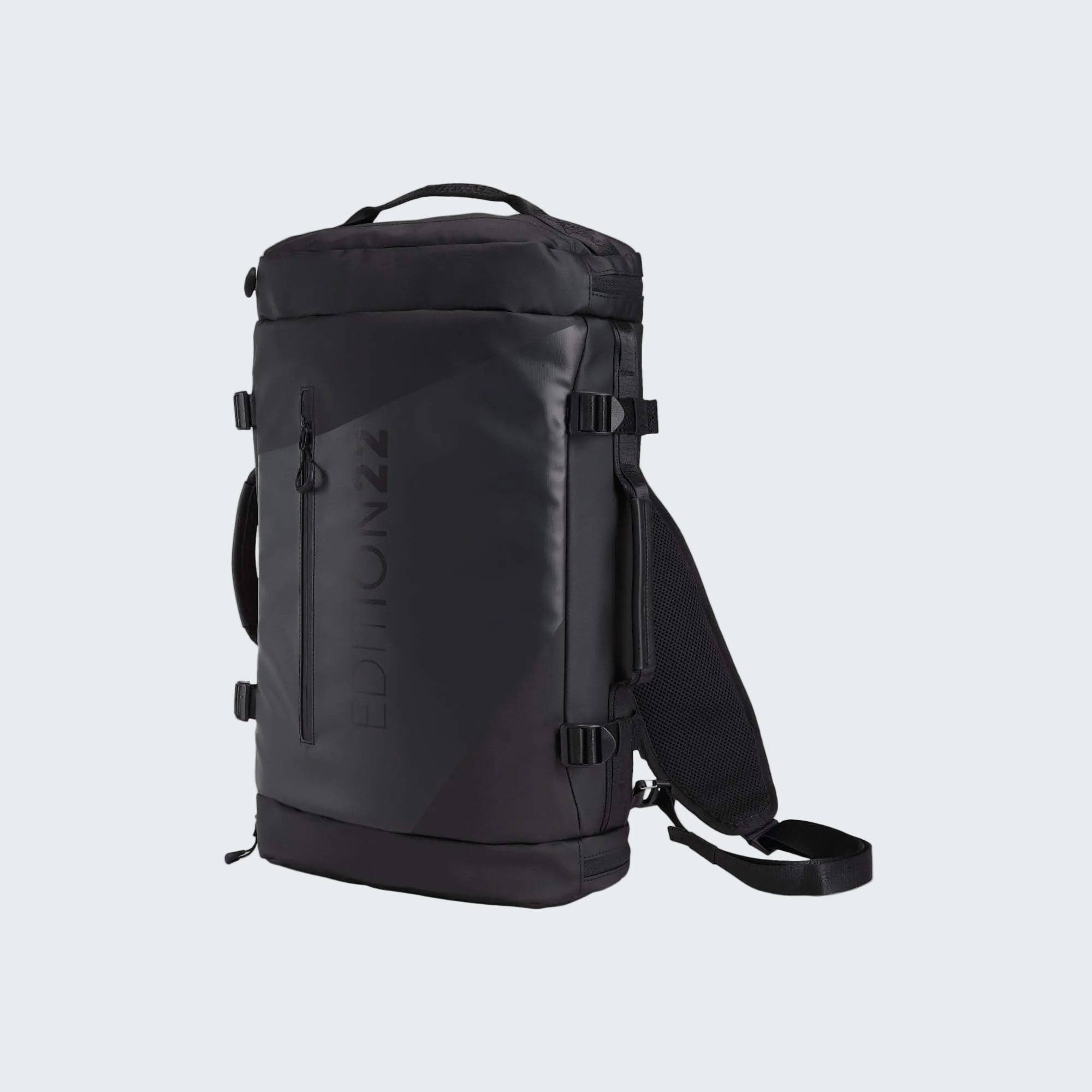 Black backpack with visible brand logo on a white background