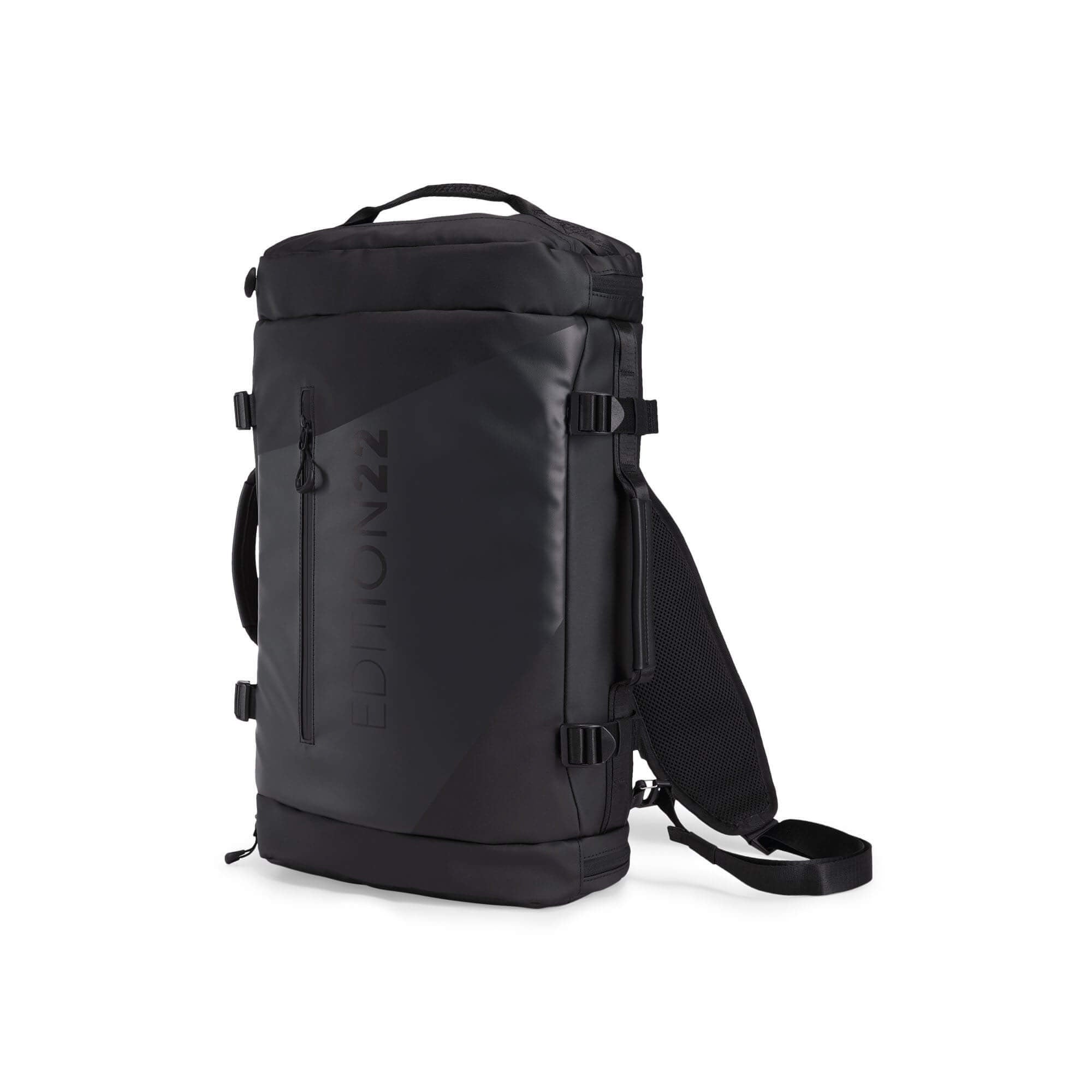 Black backpack with visible brand logo on a white background