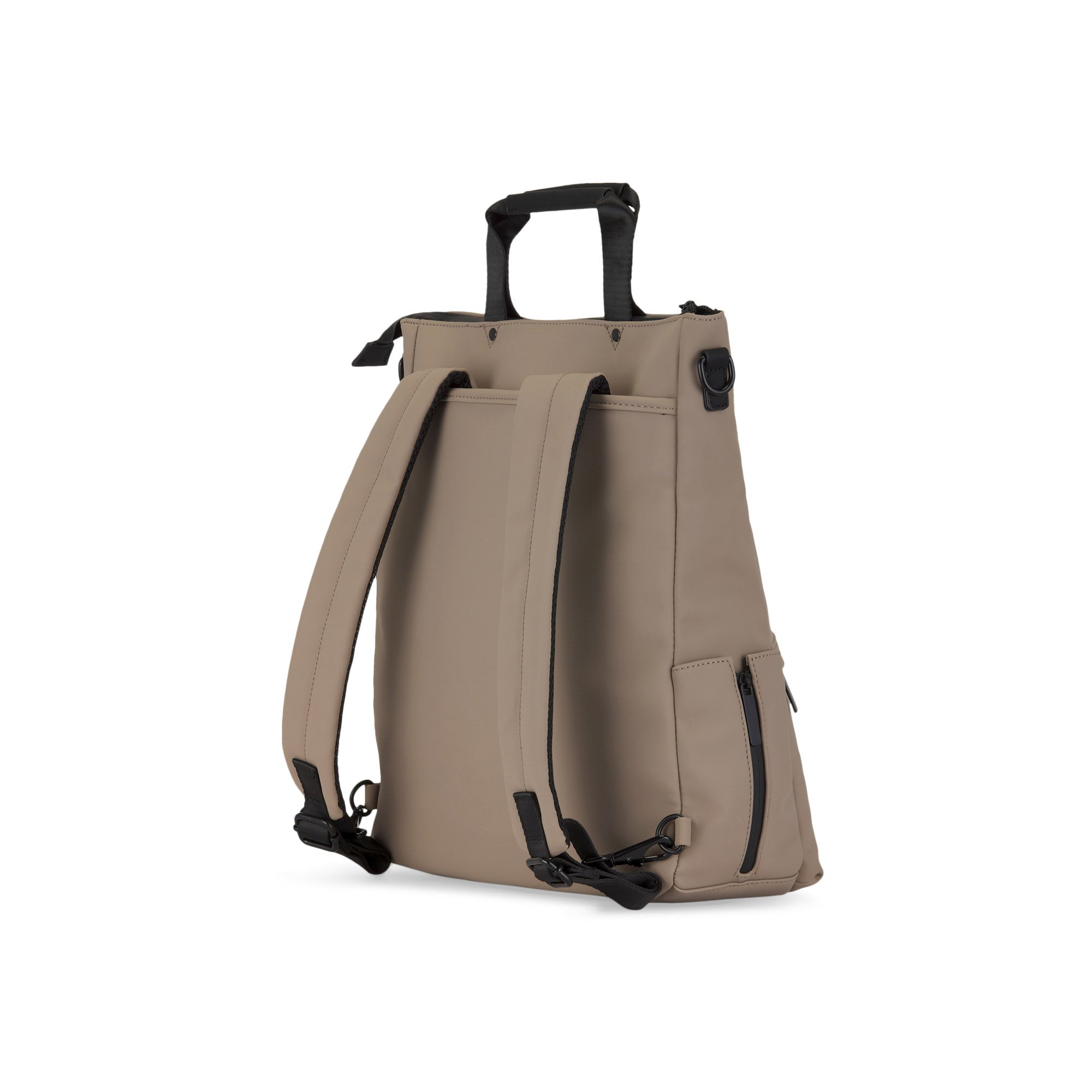 Beige backpack with black straps on a white background