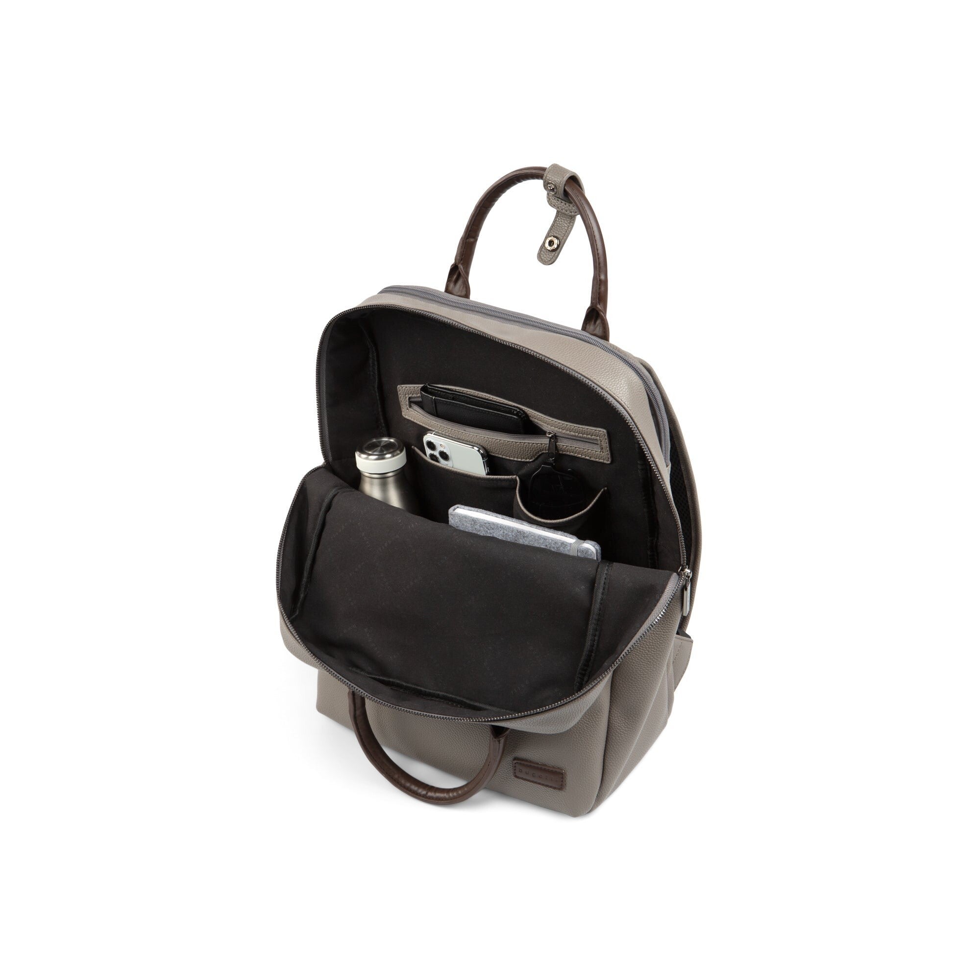 Backpack with compartments and items on a white background