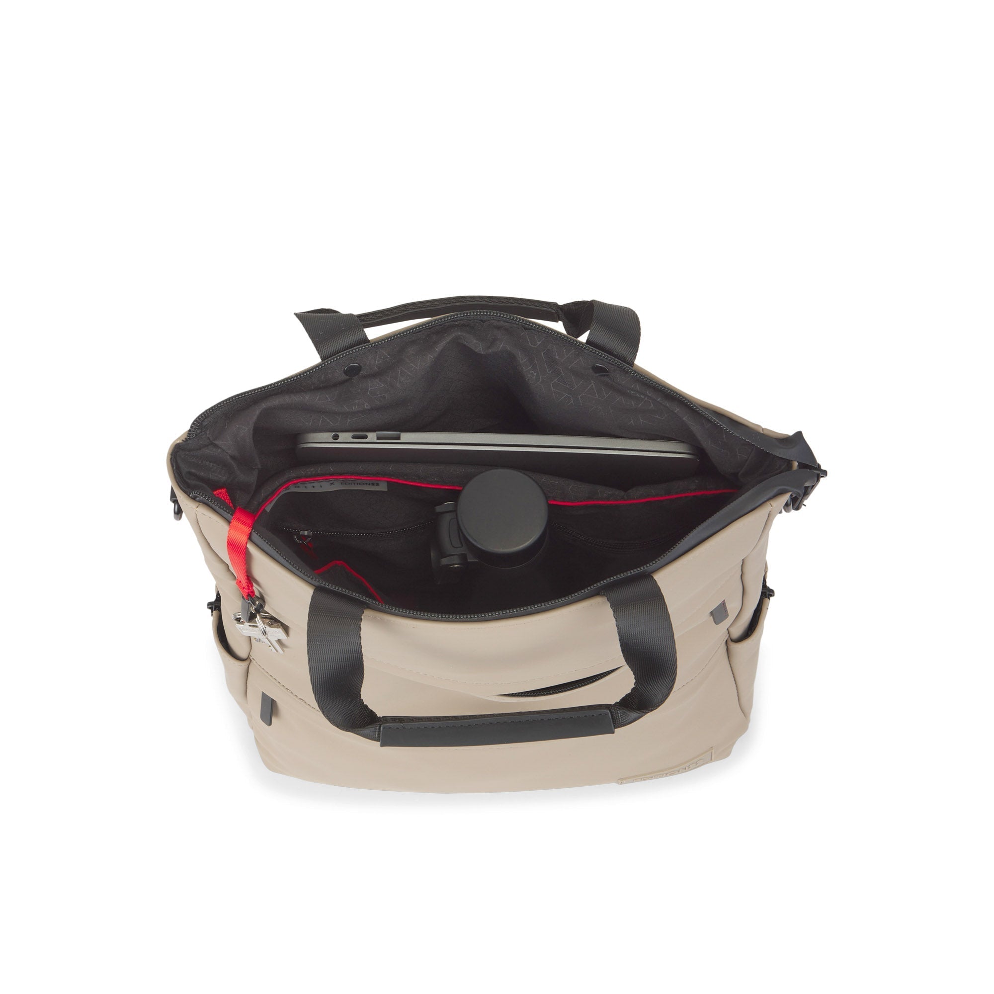 Beige duffel bag with black accents and a laptop compartment on a white background