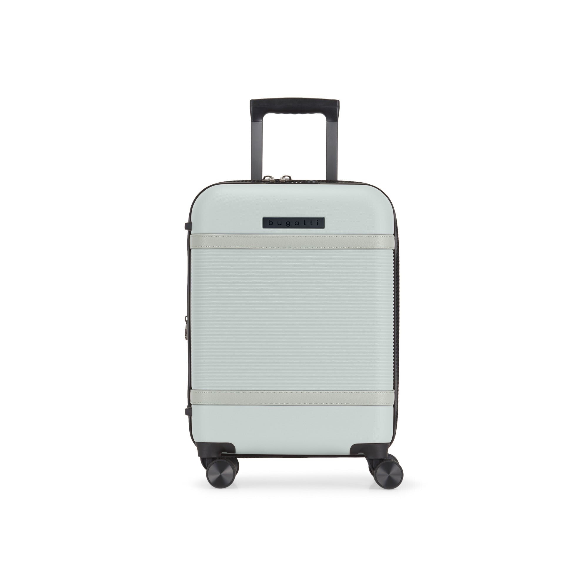 Light gray suitcase with black wheels and handle on a white background