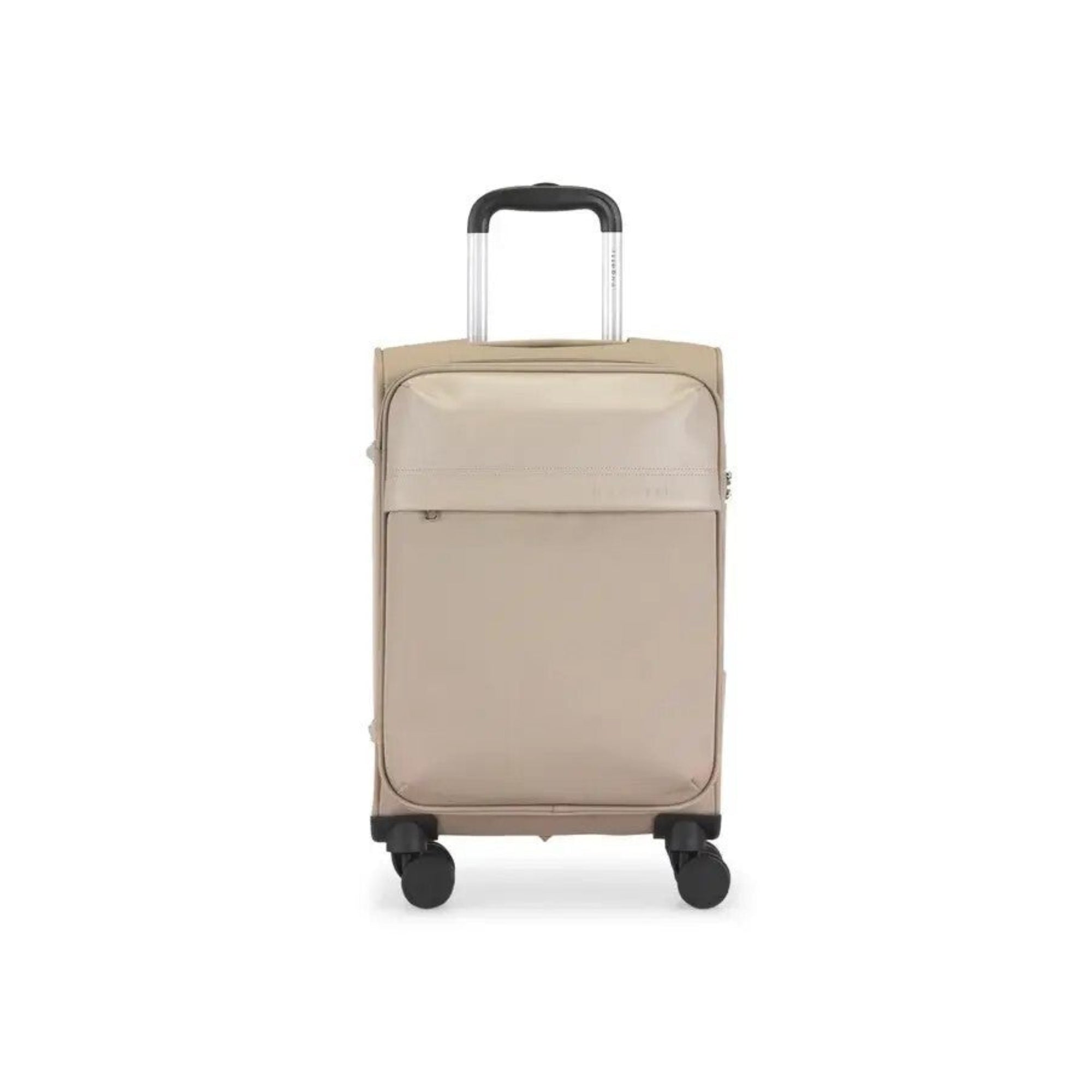 Beige suitcase with wheels on a white background