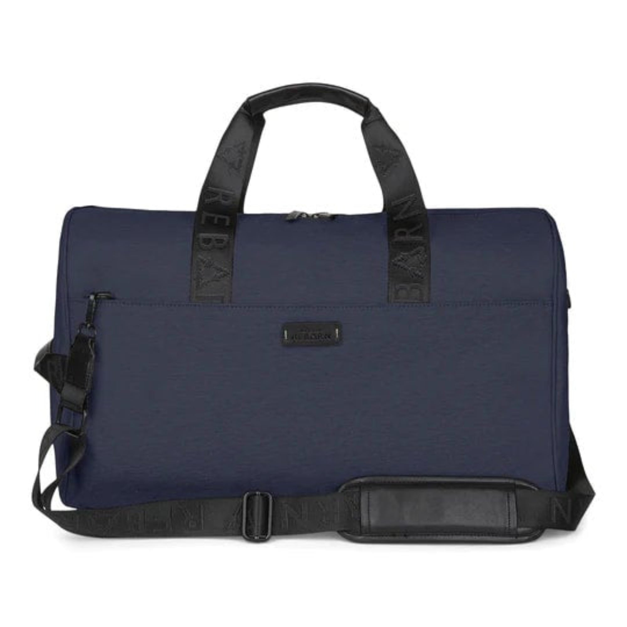 Navy blue duffel bag with black straps and visible branding on a white background