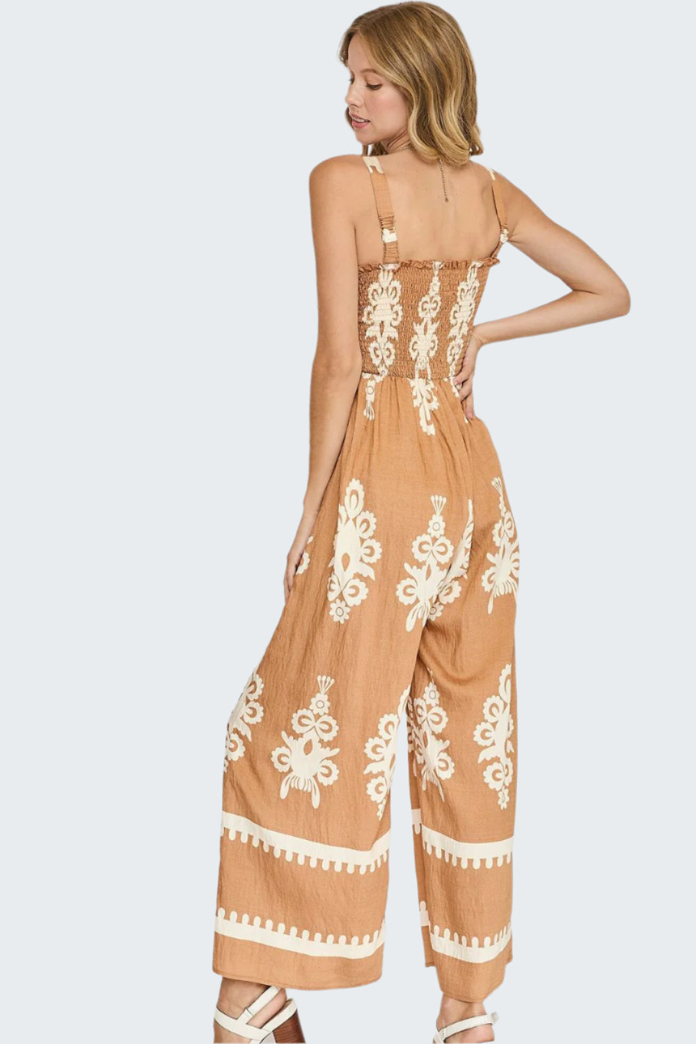 Umgee Full Size Smocked Printed Wide Leg Jumpsuit