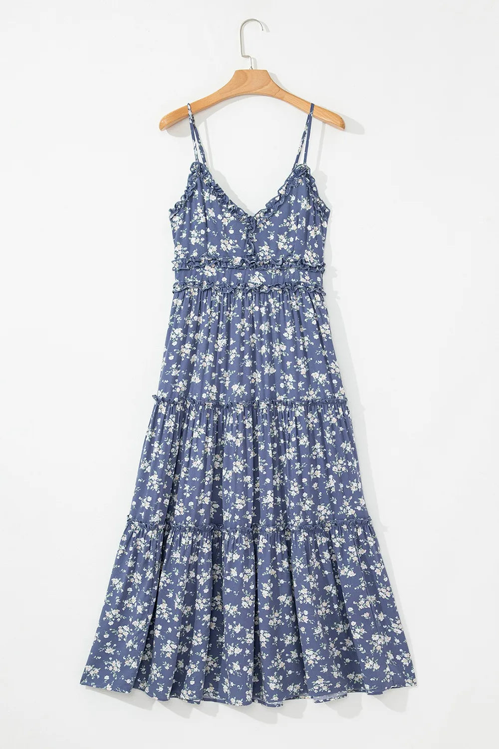 Floral Spaghetti Strap Frilled V Neck Tiered Midi Dress