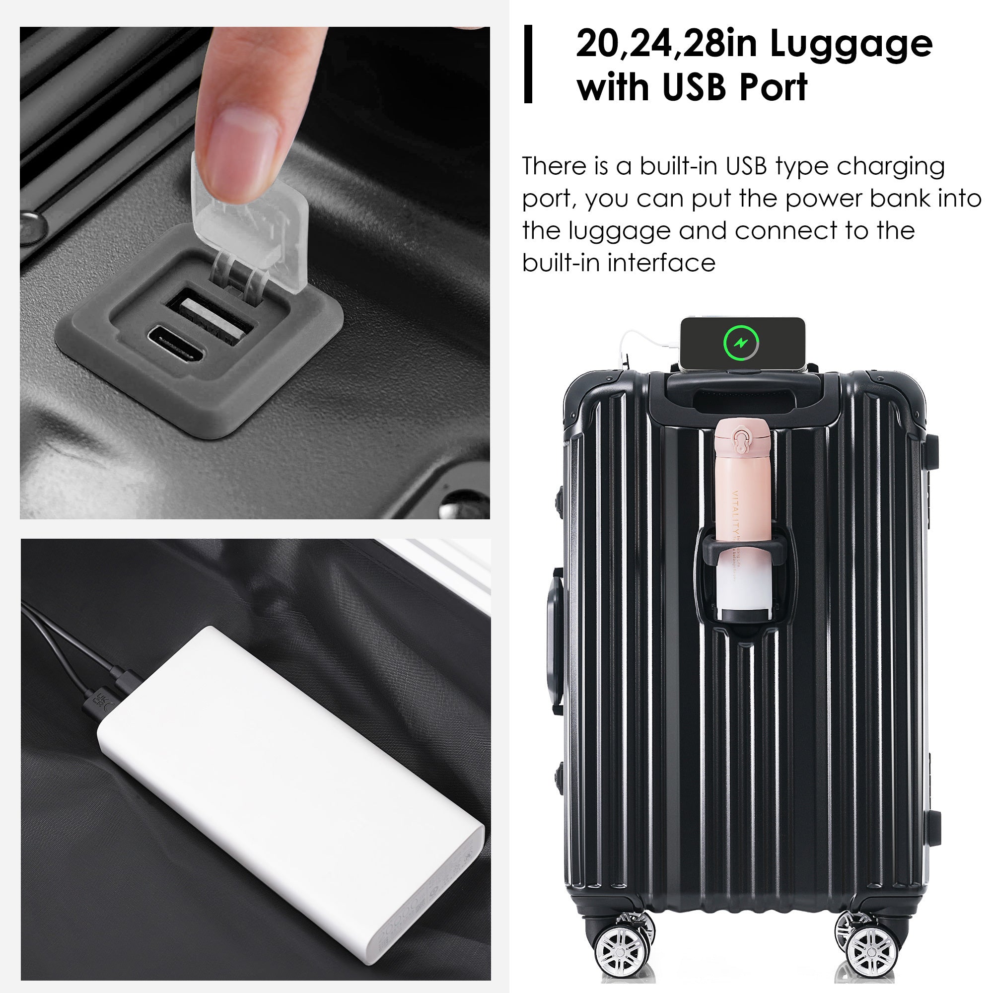 Black Aluminum Frame Luggage with USB Port Carry-On