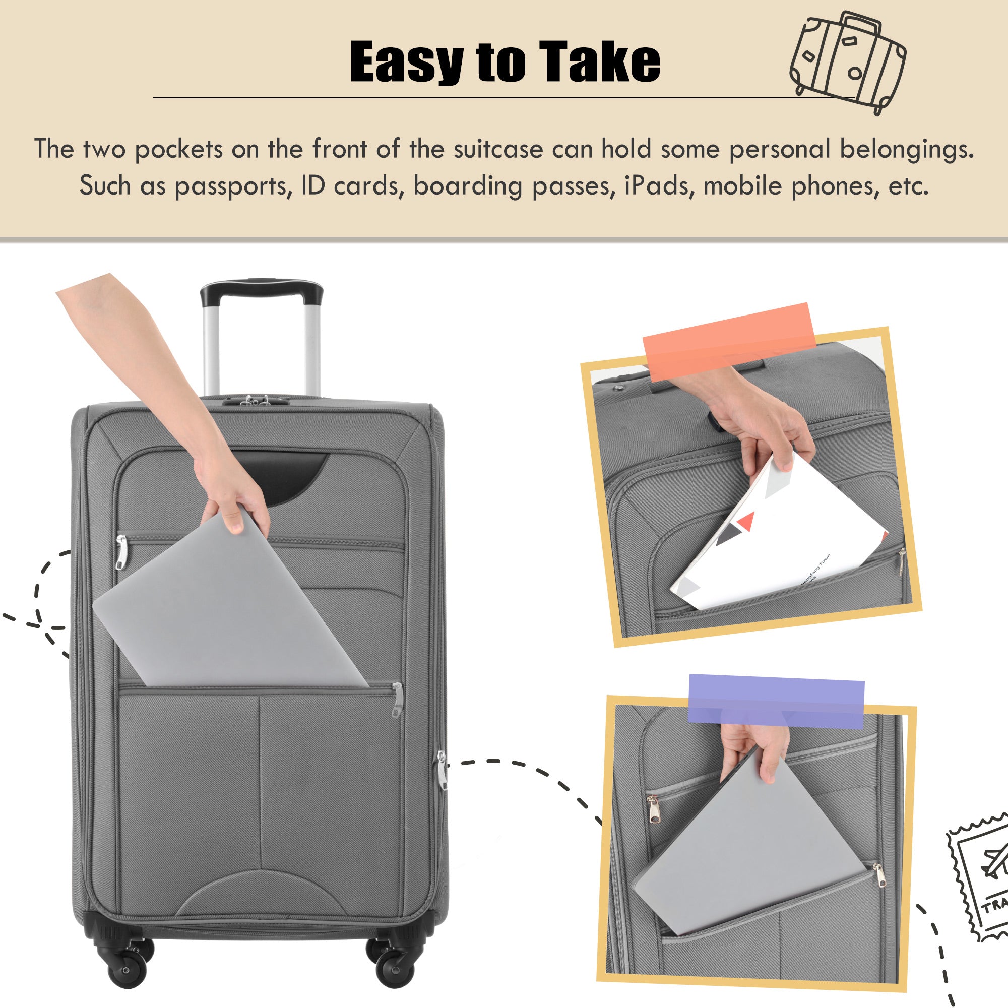 A set of gray softside luggage which includes a 20-inch, 24-inch, and 28-inch suitcase with spinner wheels, a duffel bag, and a toiletry bag.