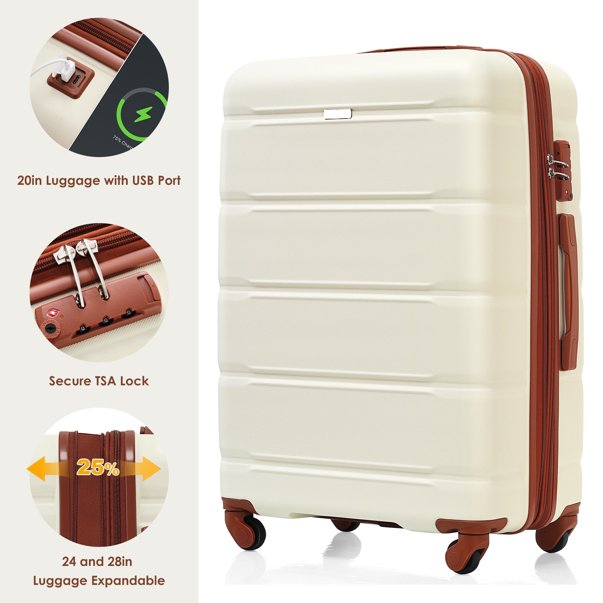 Luggage Sets 4 Piece, 20-inch with USB Port, Expandable ABS Durable