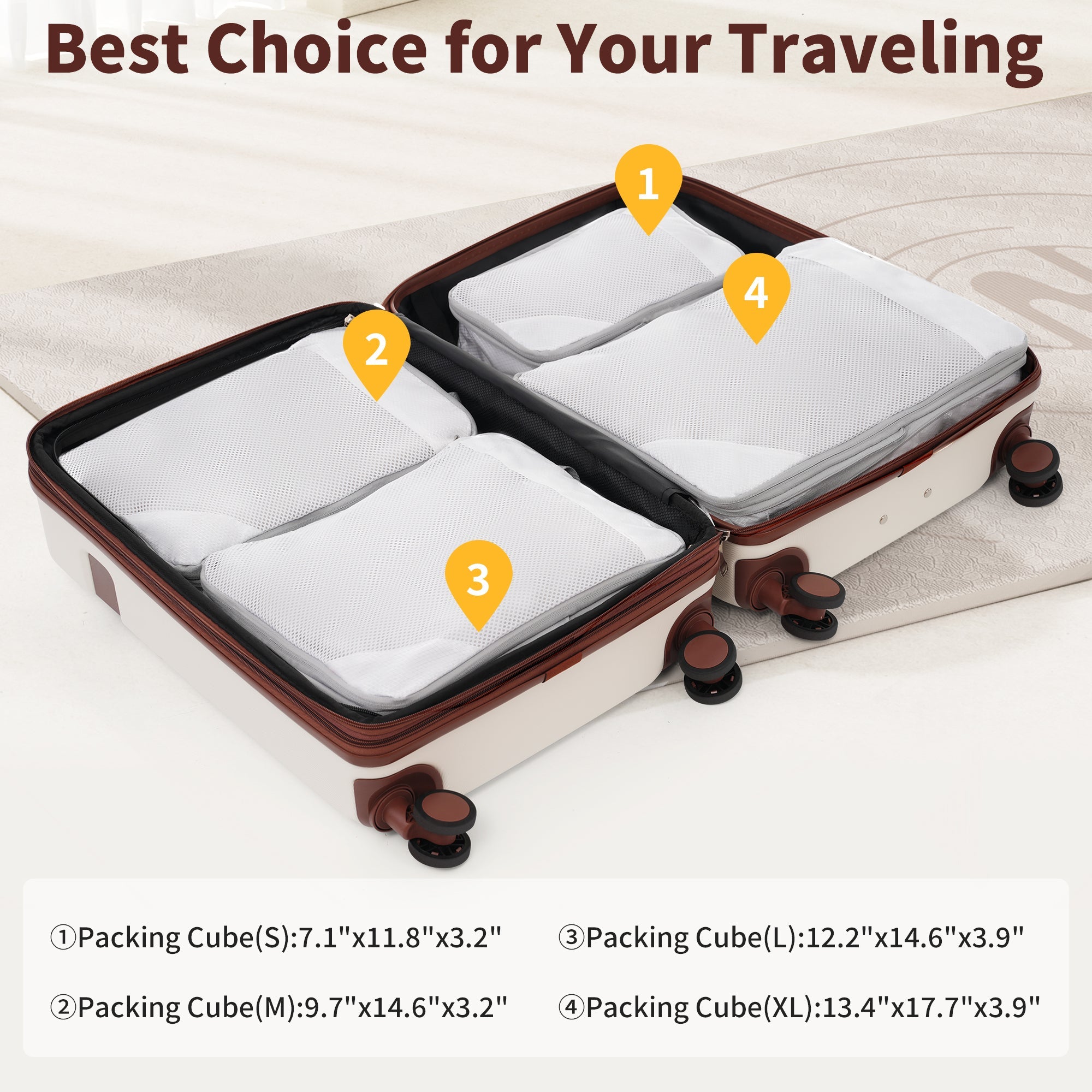 Brown and White Four Piece Luggage Set with Compression Packing Cubes for Suitcase Expandable Spinner Wheels Lightweight Suitcase with TSA Lock 16 IN+20IN+24IN+28IN