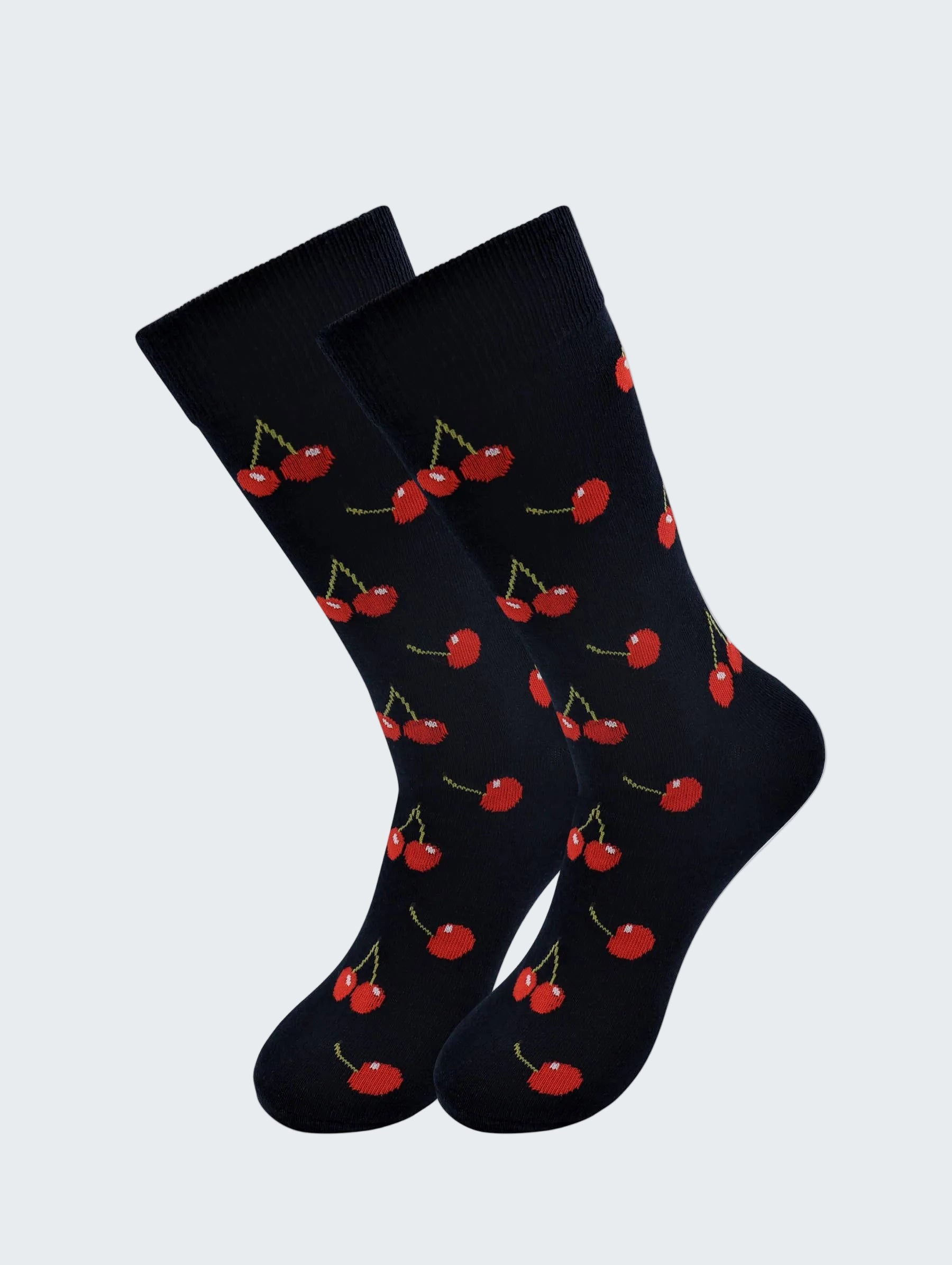 Black socks with red cherry pattern on a white background