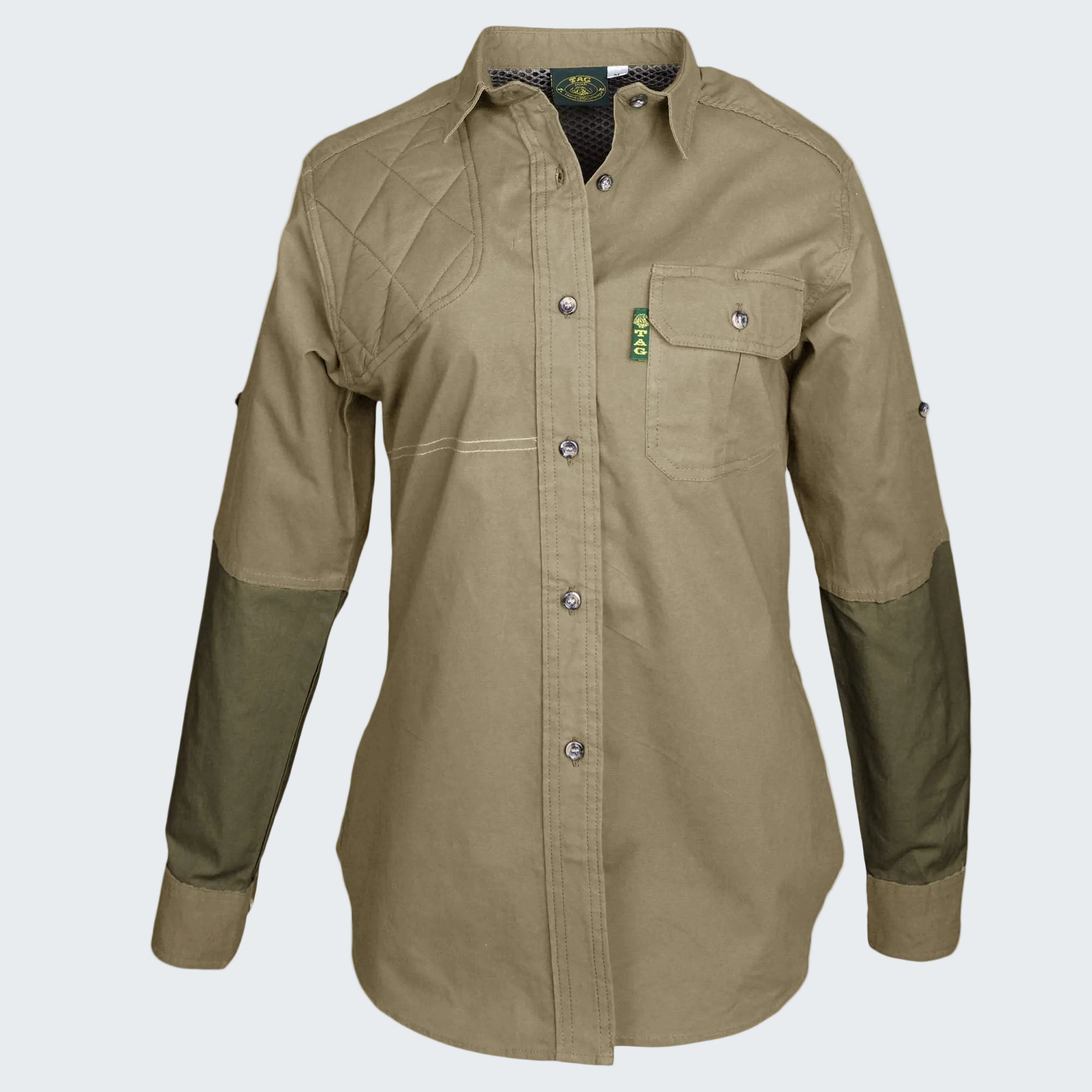 Khaki shirt with quilted shoulder design on a white background
