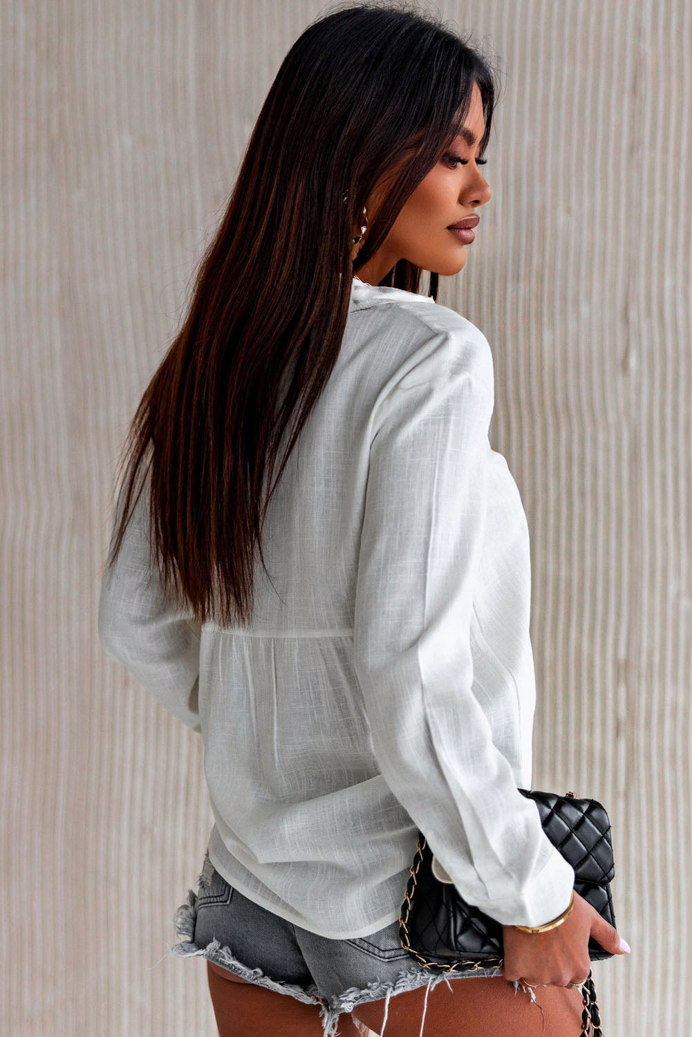 White Textured Solid Color Basic Shirt