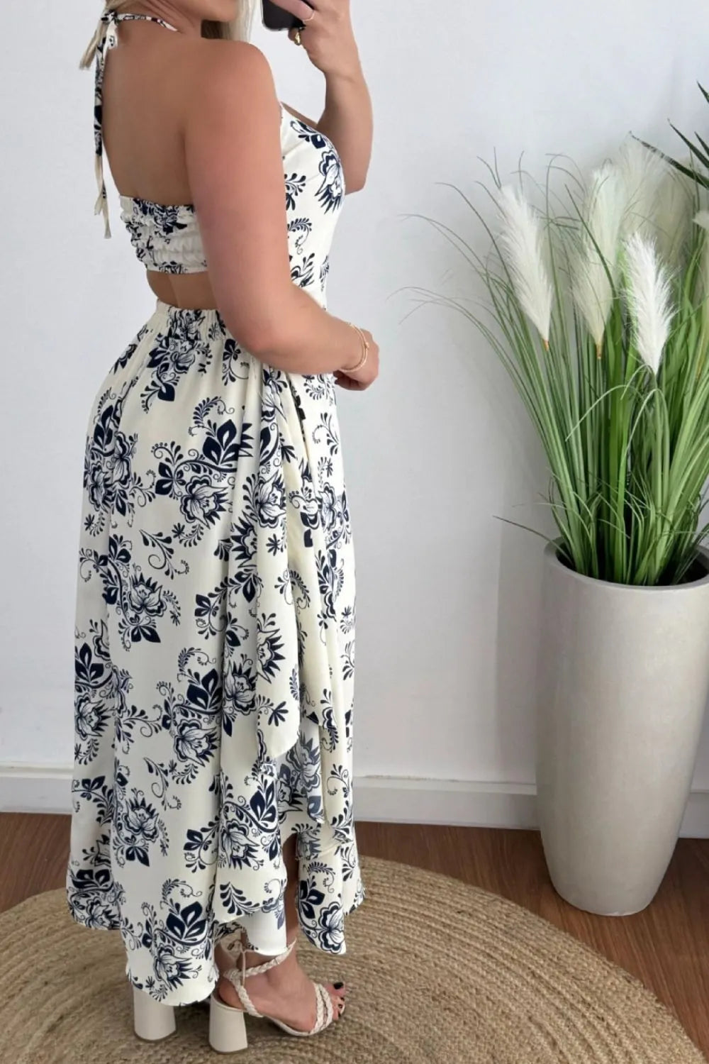 Smocked Printed Halter Neck Dress