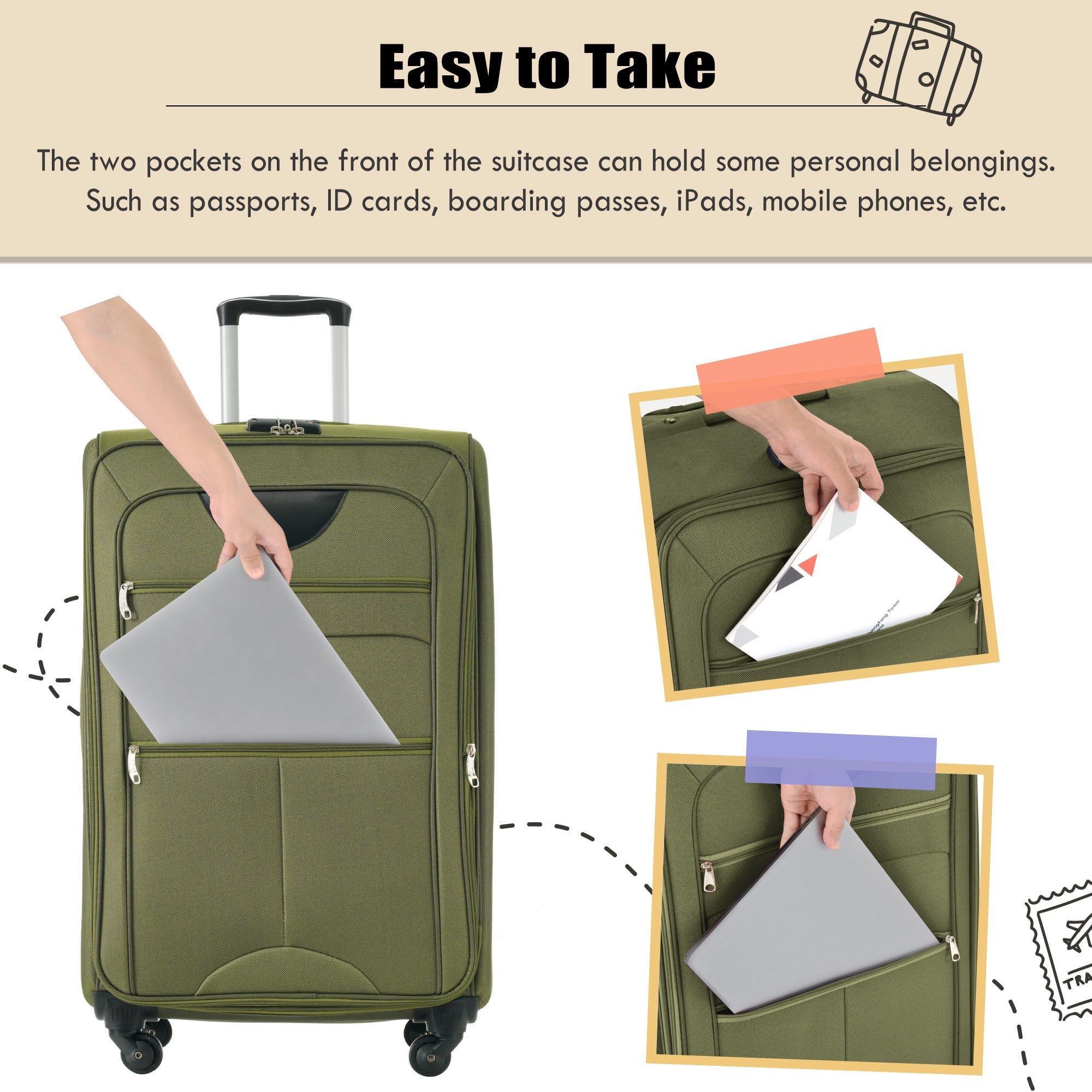 Green Softside Luggage Expandable Three Piece Set Suitcase with Duffel Bag