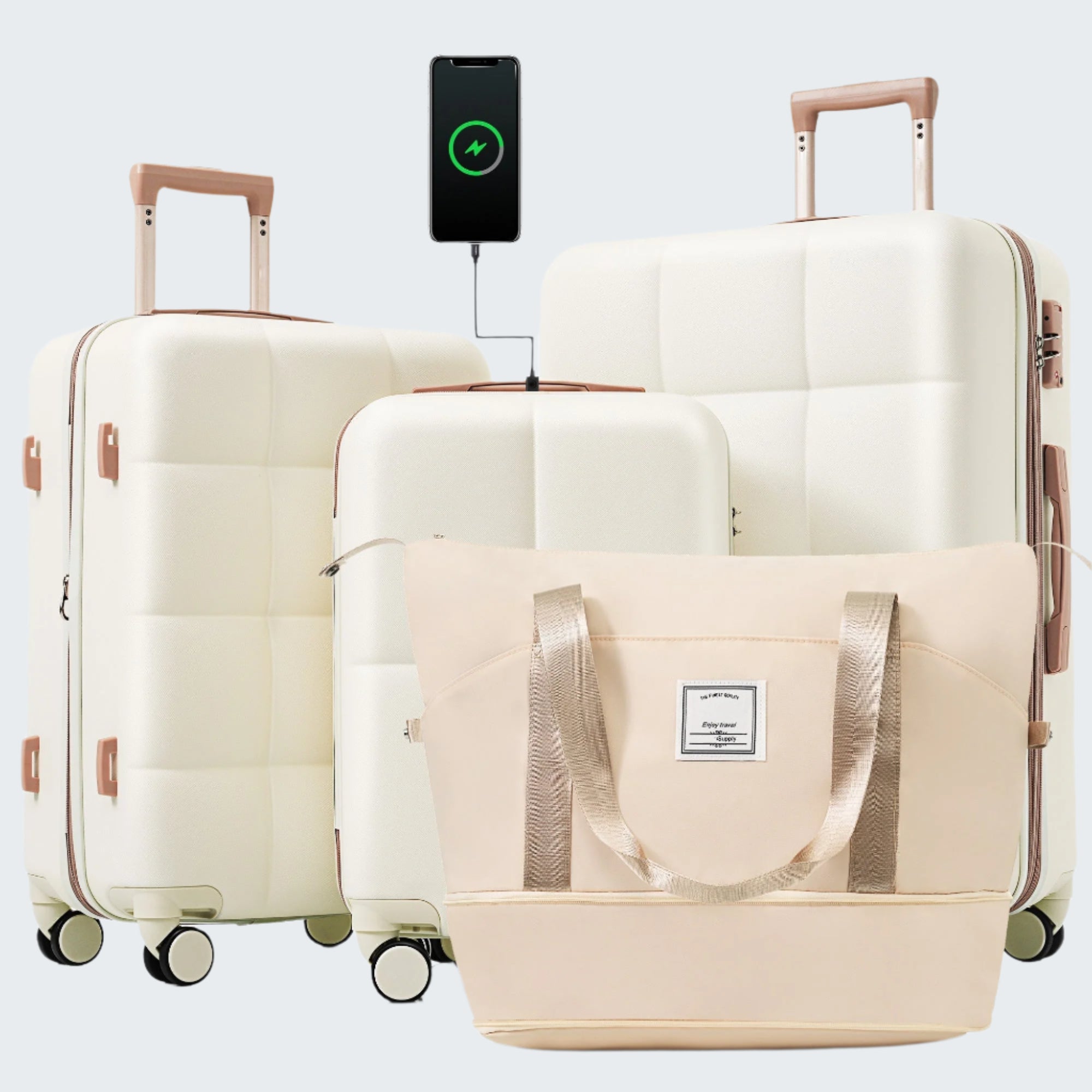 A set of beige and gold luggage which includes a 20-inch suitcase with USB port, an expandable suitcase, a travel bag, and a cup holder, all displayed against a white background.