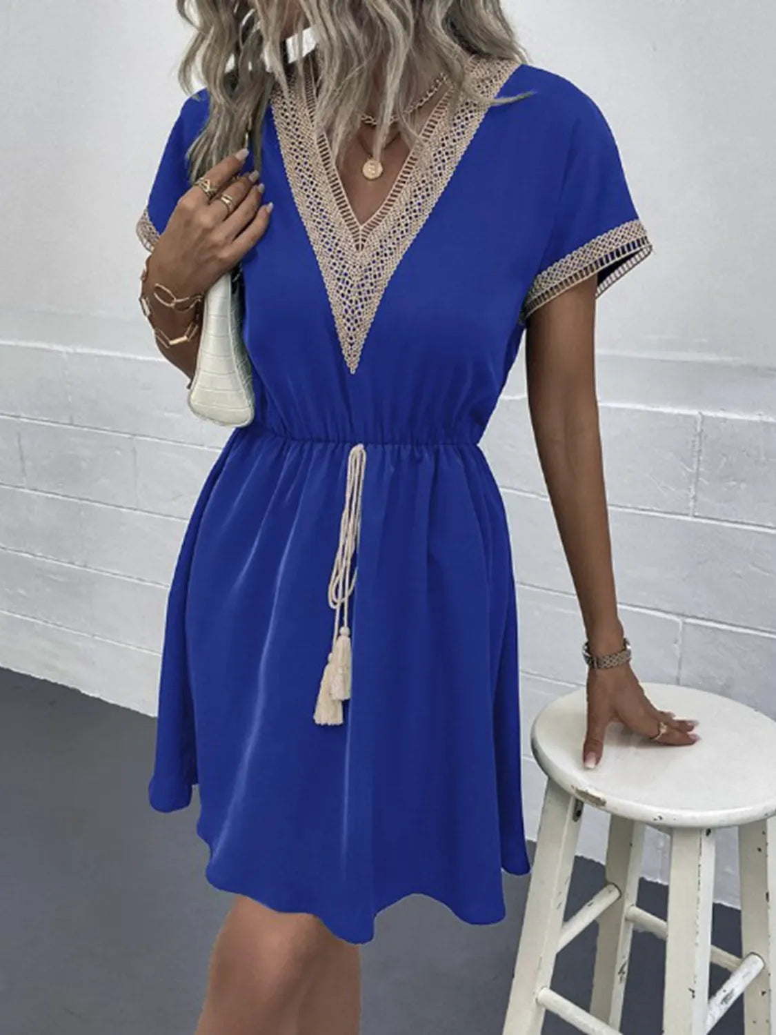 Full Size Tassel V-Neck Short Sleeve Dress